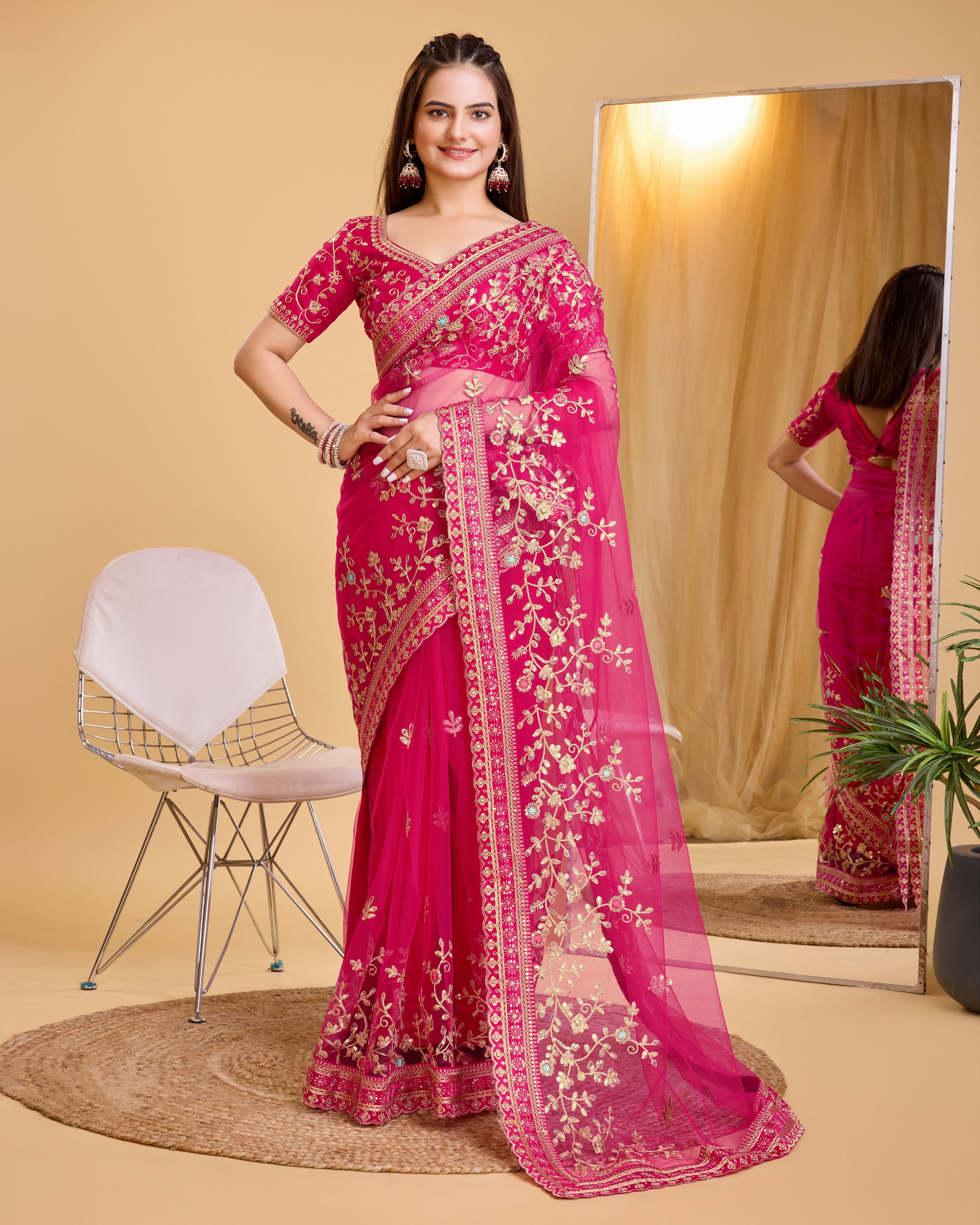 Dark Pink Soft Net Designer Embroidery Work Bollywood Style Saree