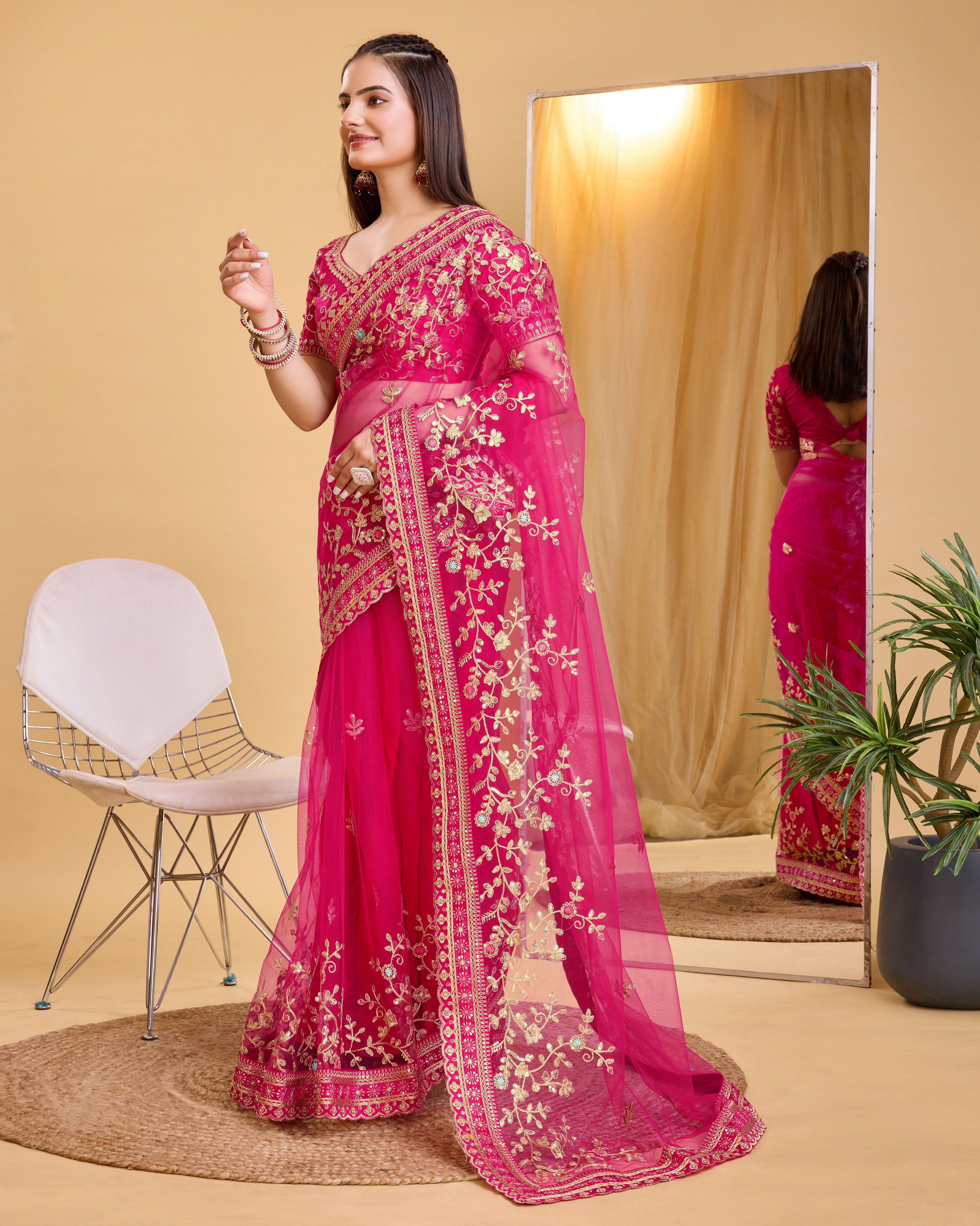 Dark Pink Soft Net Designer Embroidery Work Bollywood Style Saree