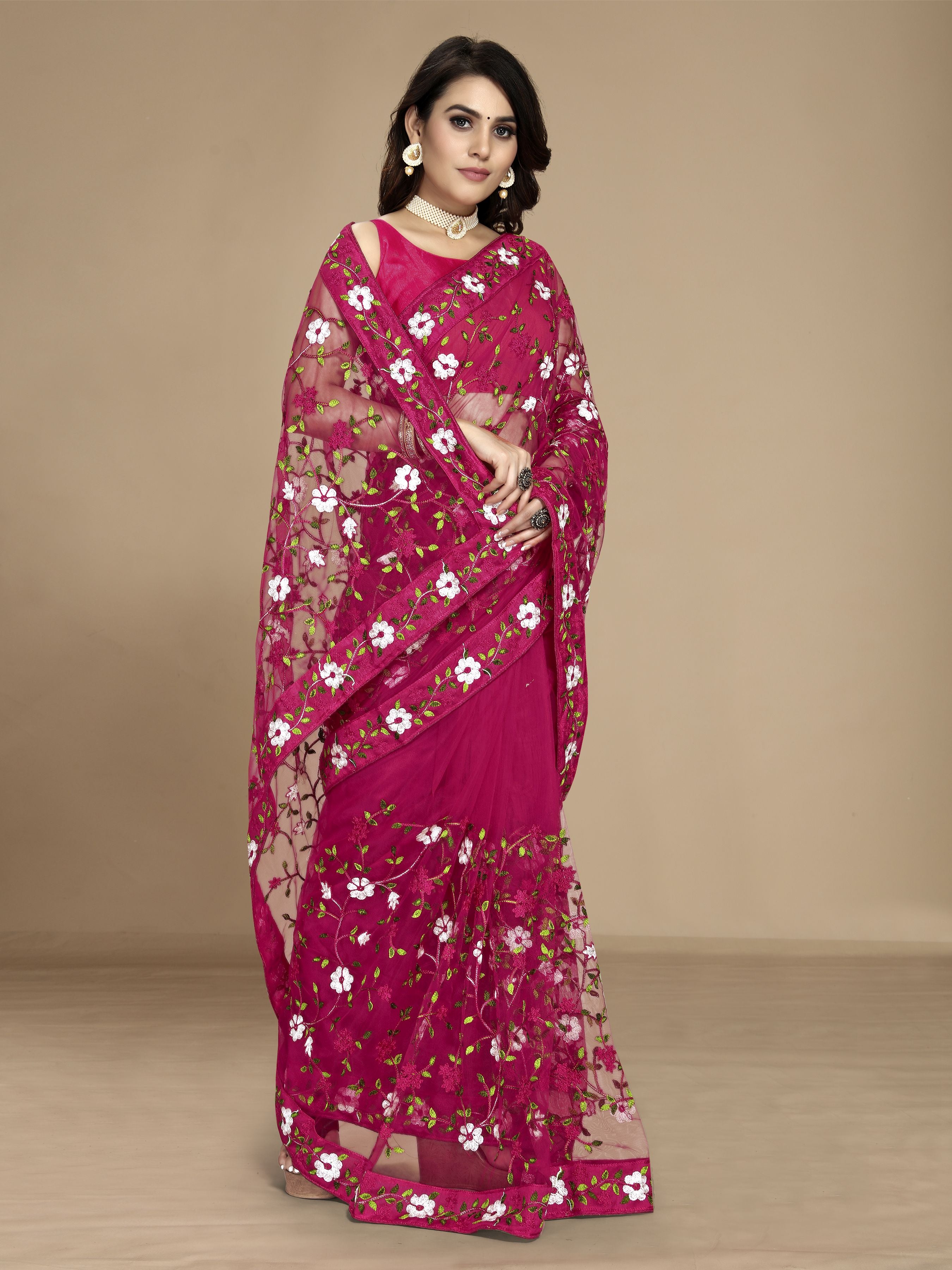 Dark Pink Soft Net Designer Multy Thread Embroidery Work Smart Partywear Saree