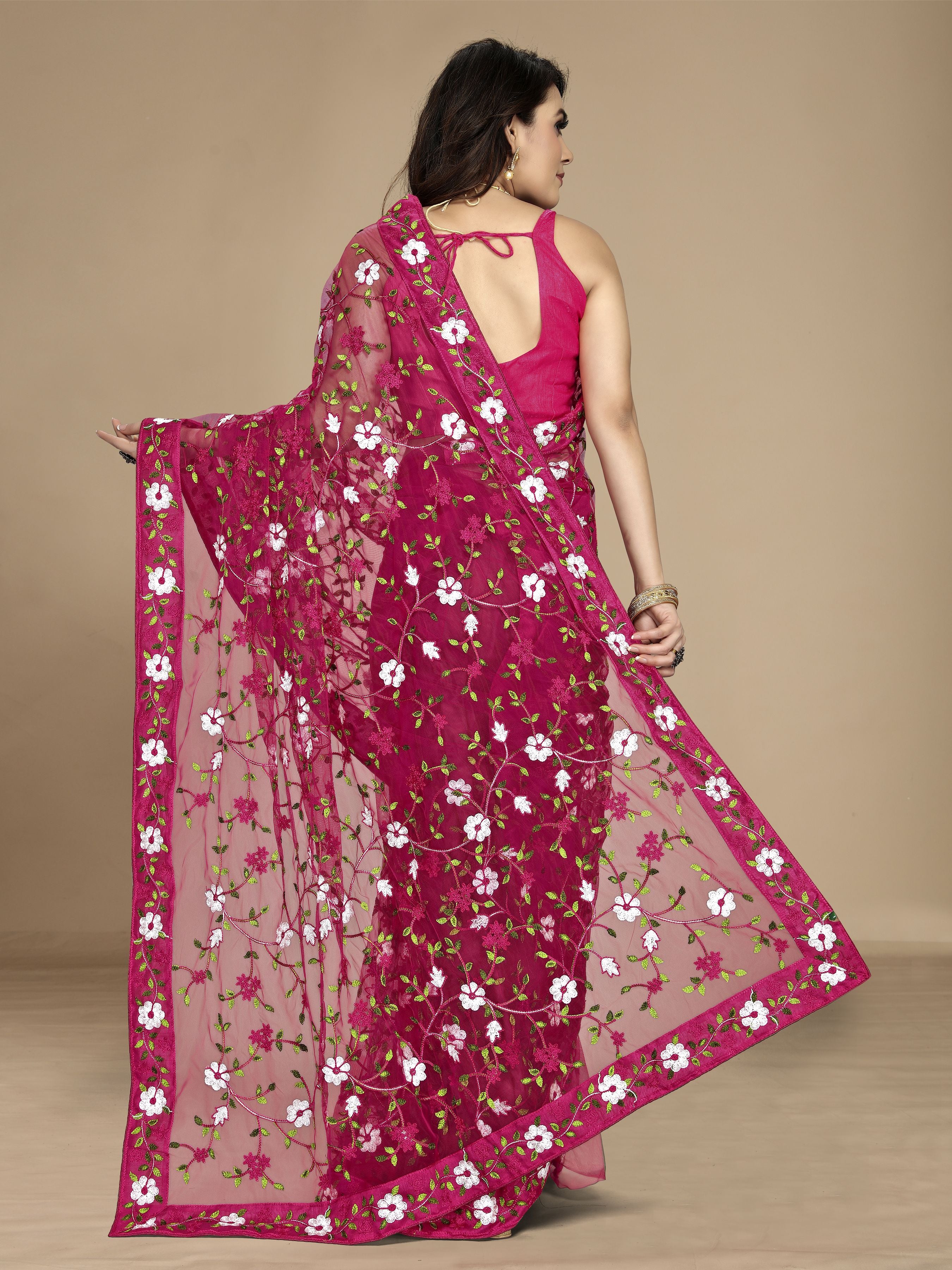 Dark Pink Soft Net Designer Multy Thread Embroidery Work Smart Partywear Saree