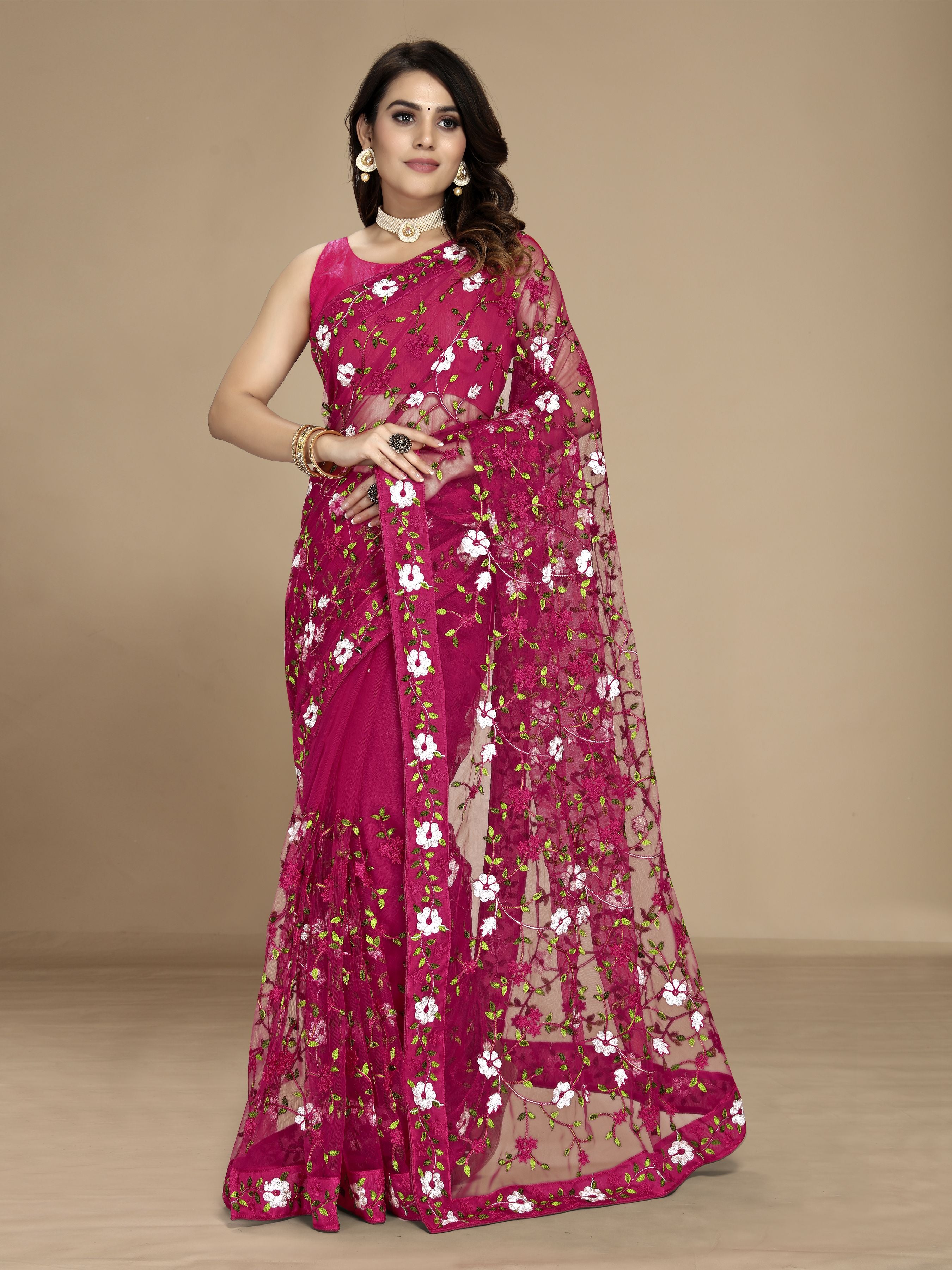 Dark Pink Soft Net Designer Multy Thread Embroidery Work Smart Partywear Saree