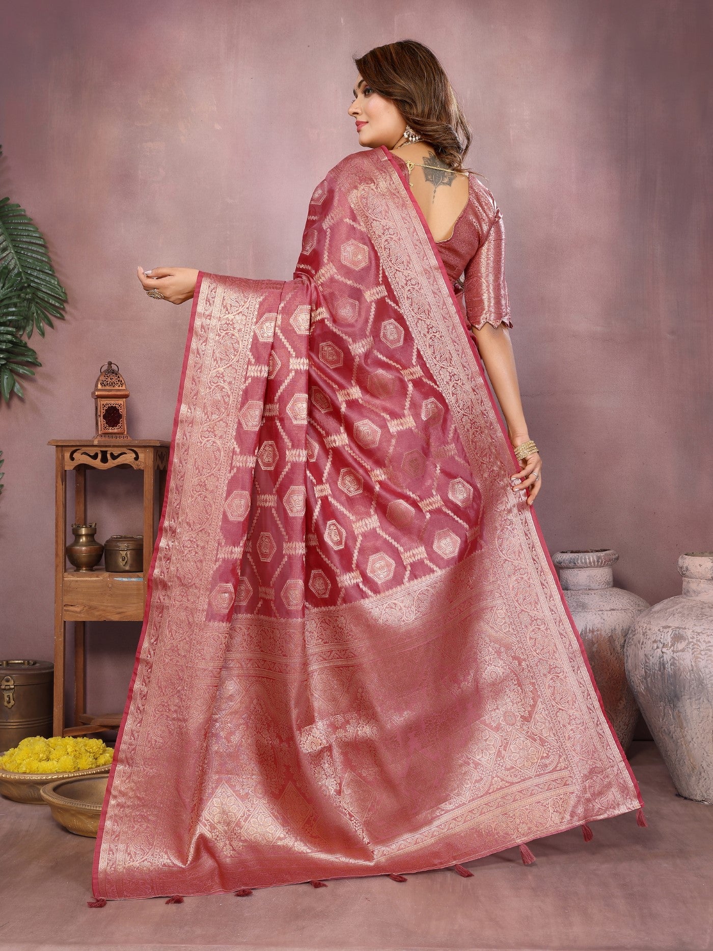 Dark Pink Soft Organza Silk Saree With Elegant Weaving