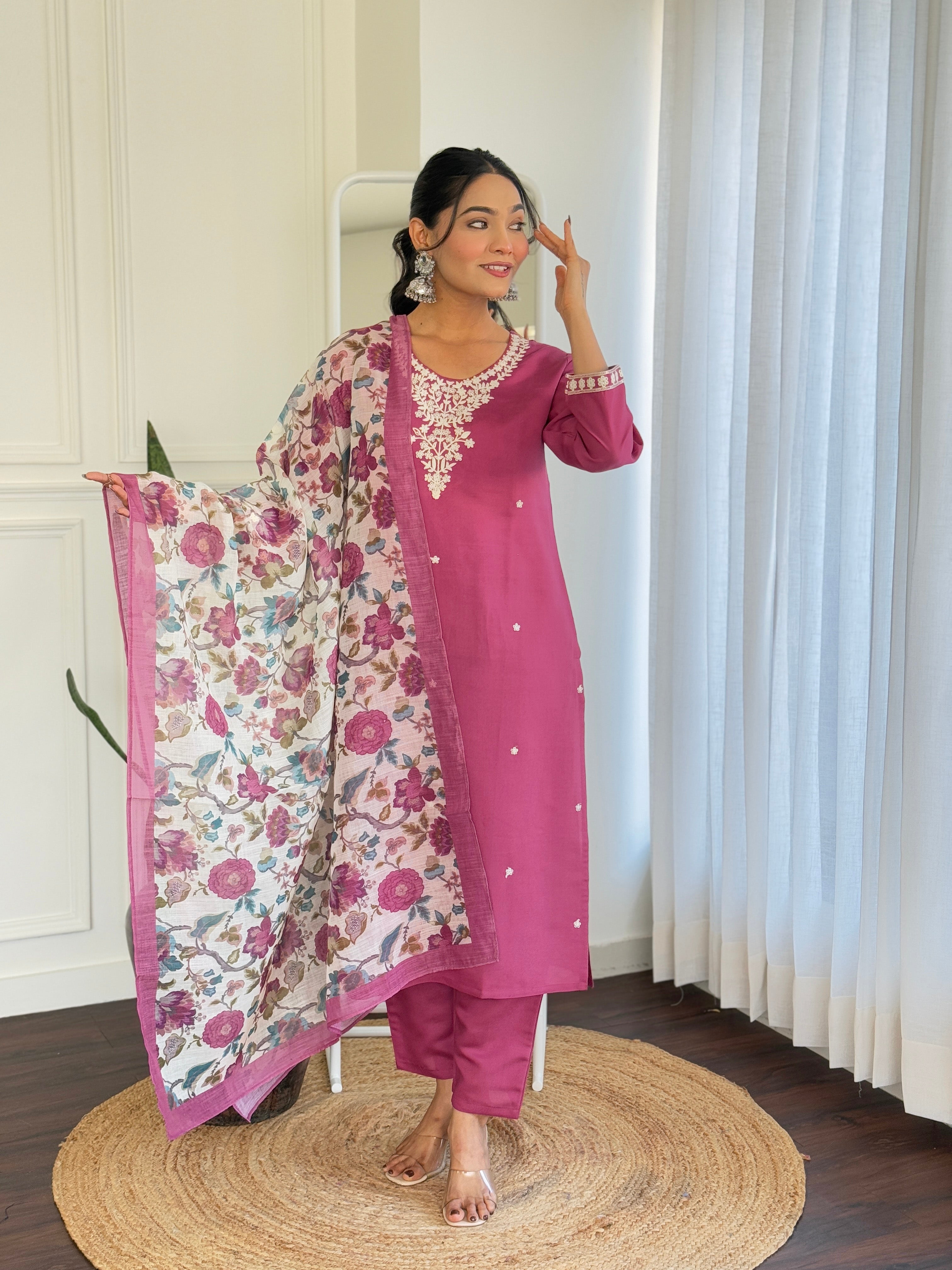 Dark Pink Viscose Chanderi Kurta Pant Set With Embroidery Work