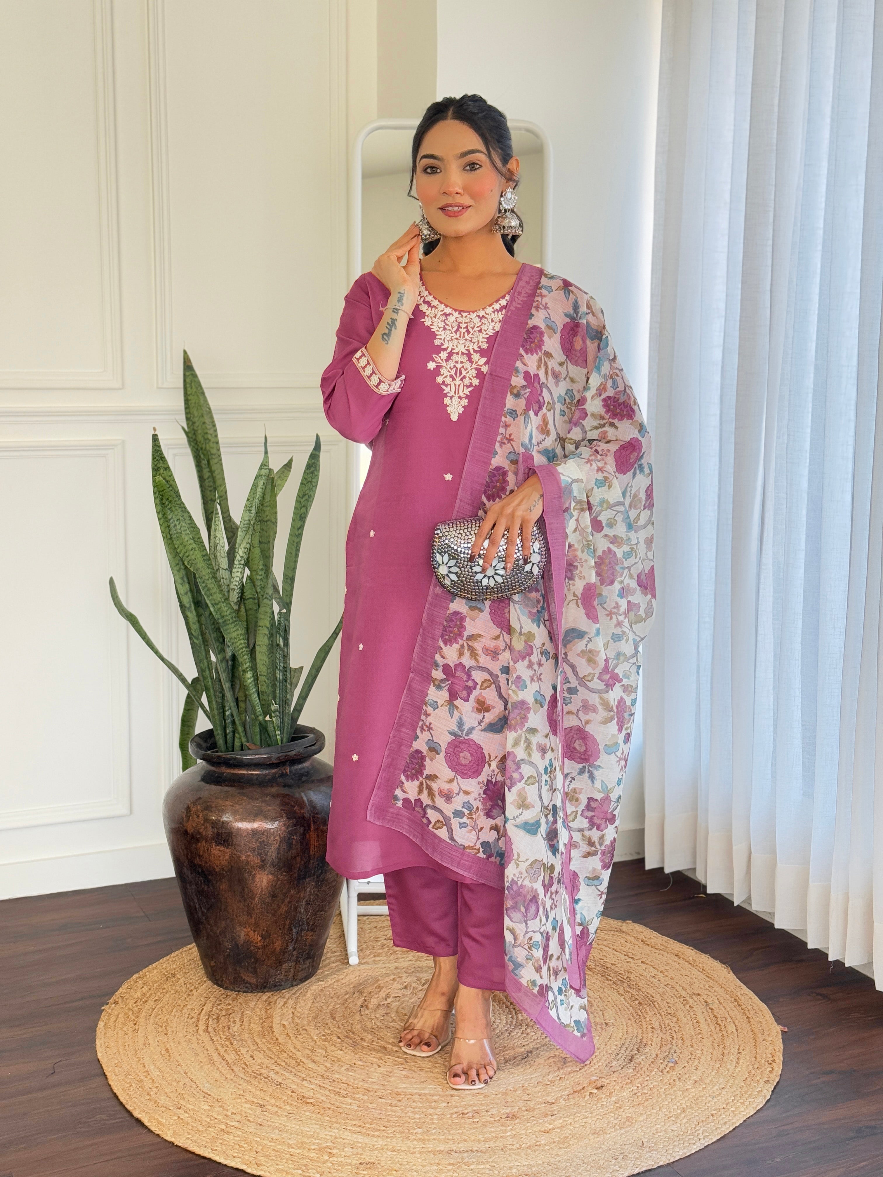 Dark Pink Viscose Chanderi Kurta Pant Set With Embroidery Work