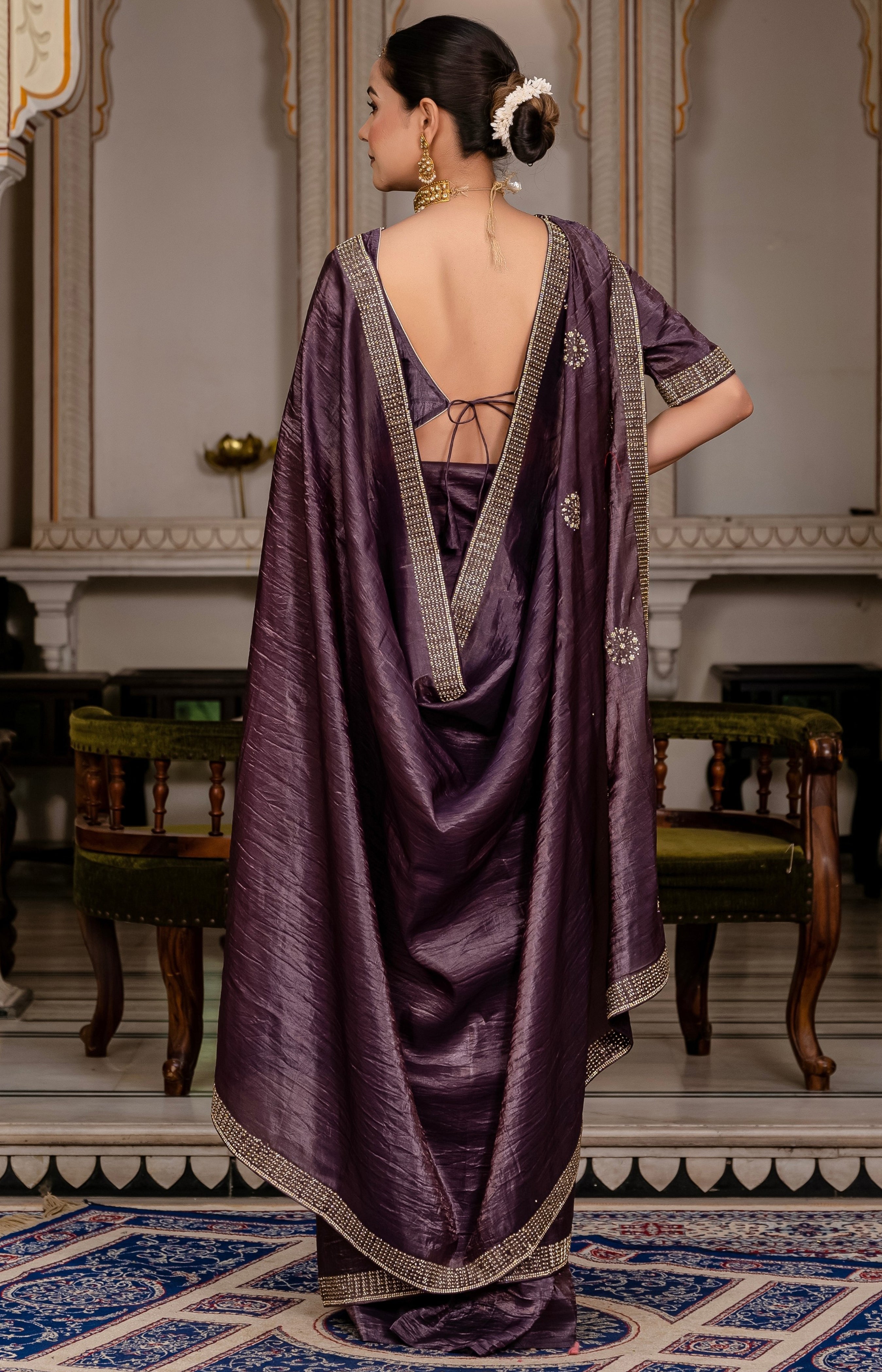 Dark Purple Color Gold Crush Saree With Cutdana With Zarkan Work