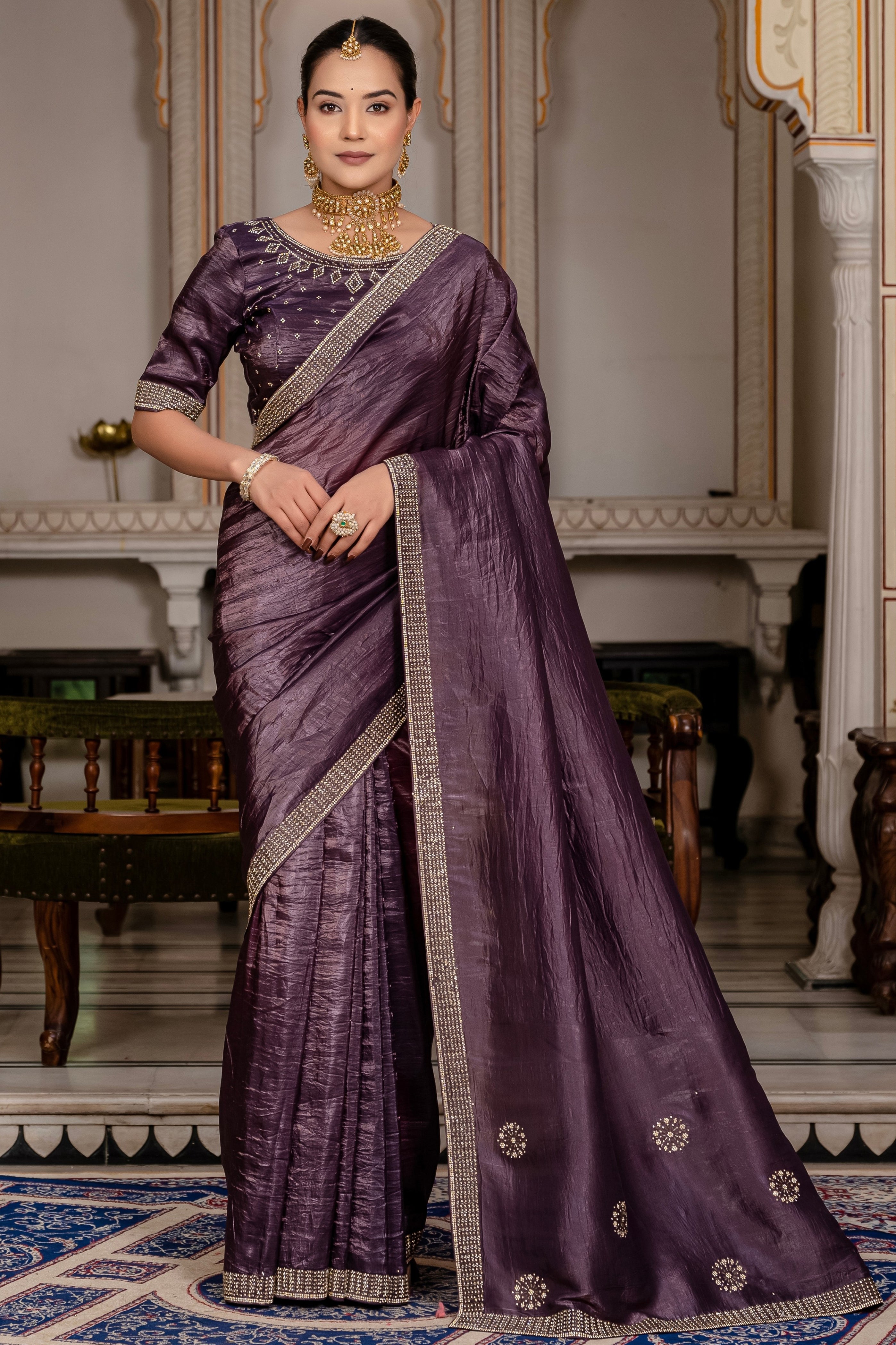 Dark Purple Color Gold Crush Saree With Cutdana With Zarkan Work