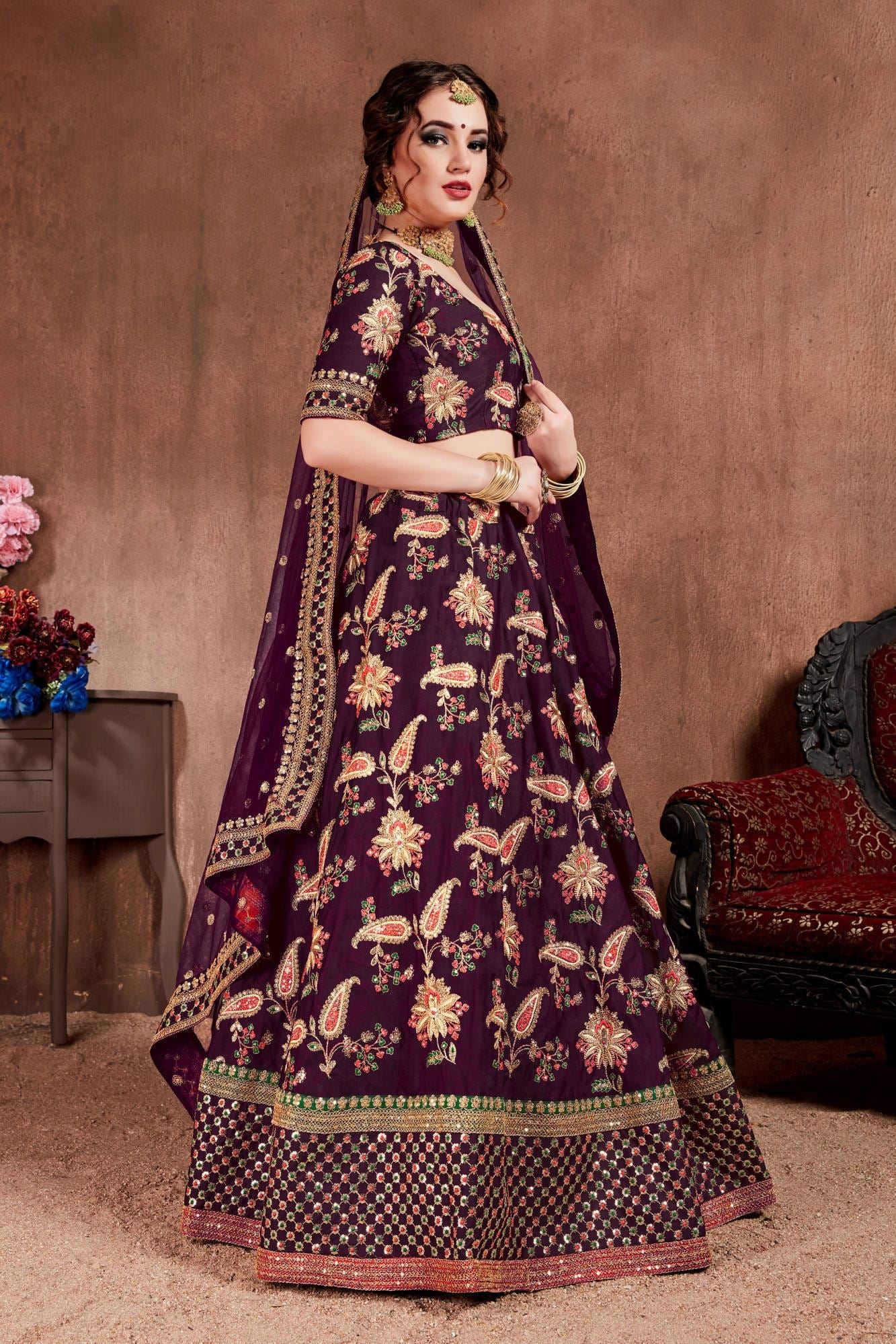 Dark Purple Lehenga Choli With Thread, Dori, Zari, Sequins Embroidery Work