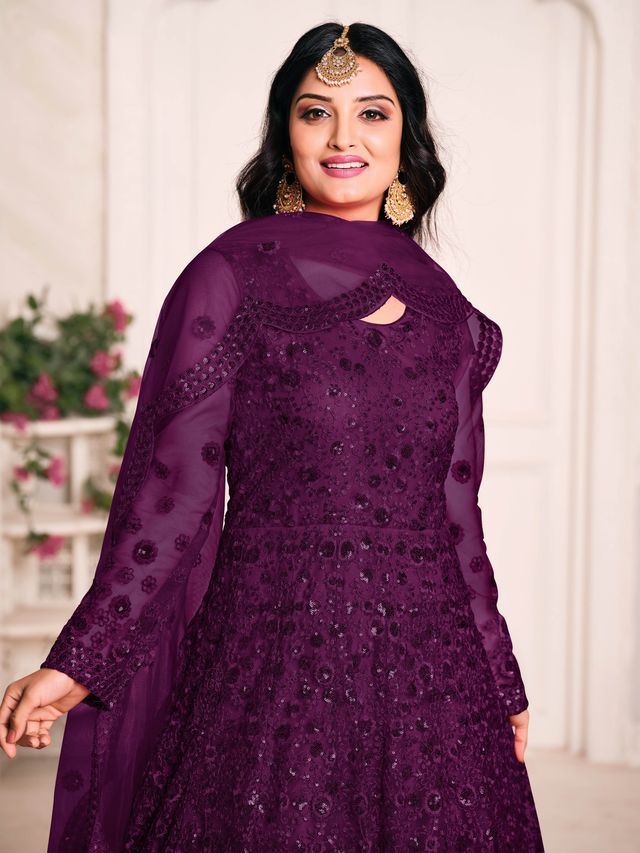 Dark Purple Net Heavy Thread Embroidery And Sequence Work Anarkali Suits