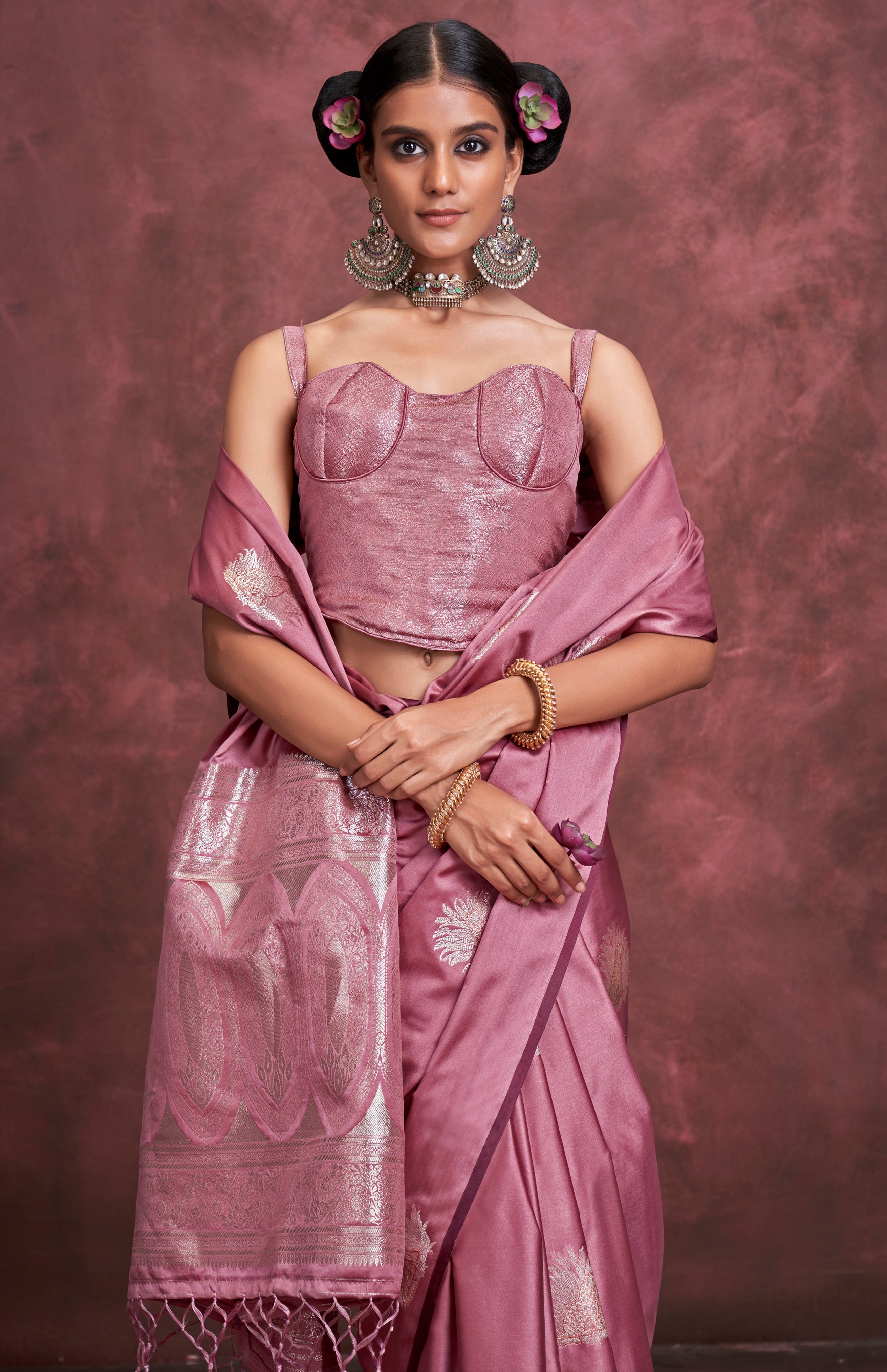 Dark Rose Color Satin Silk Saree With Jacquard Woven Work