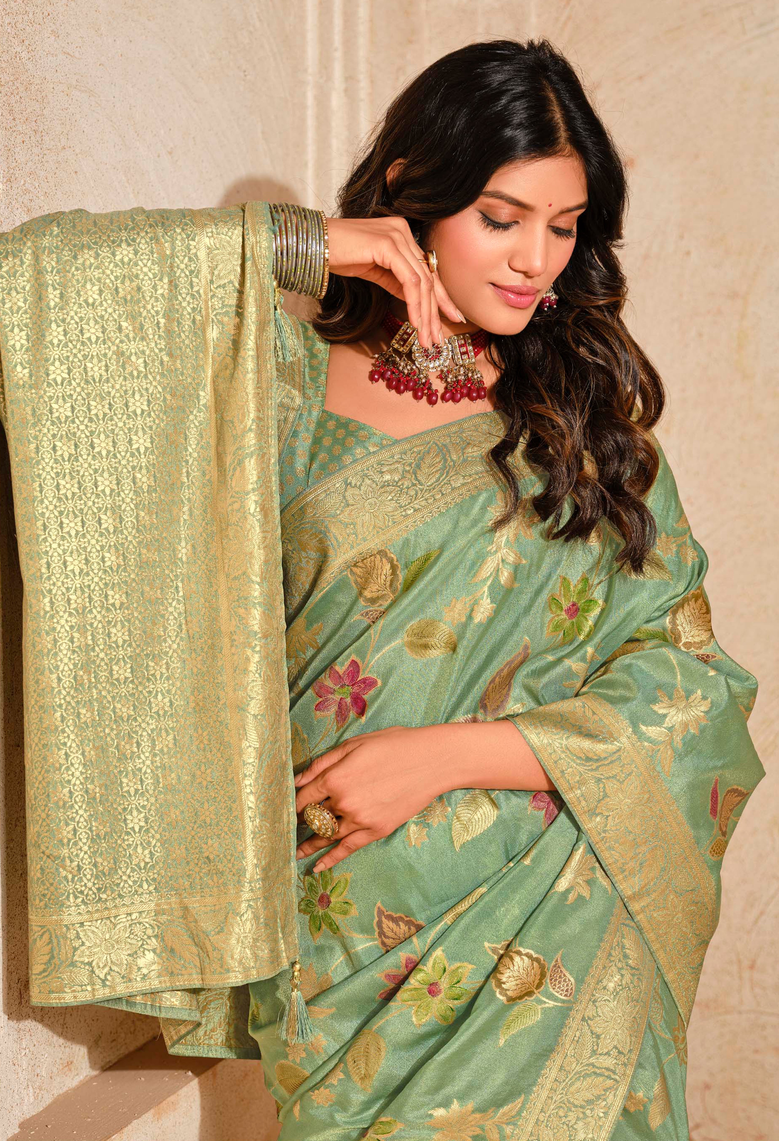Dark Sea Green Silk Saree With Jacquard Woven Work