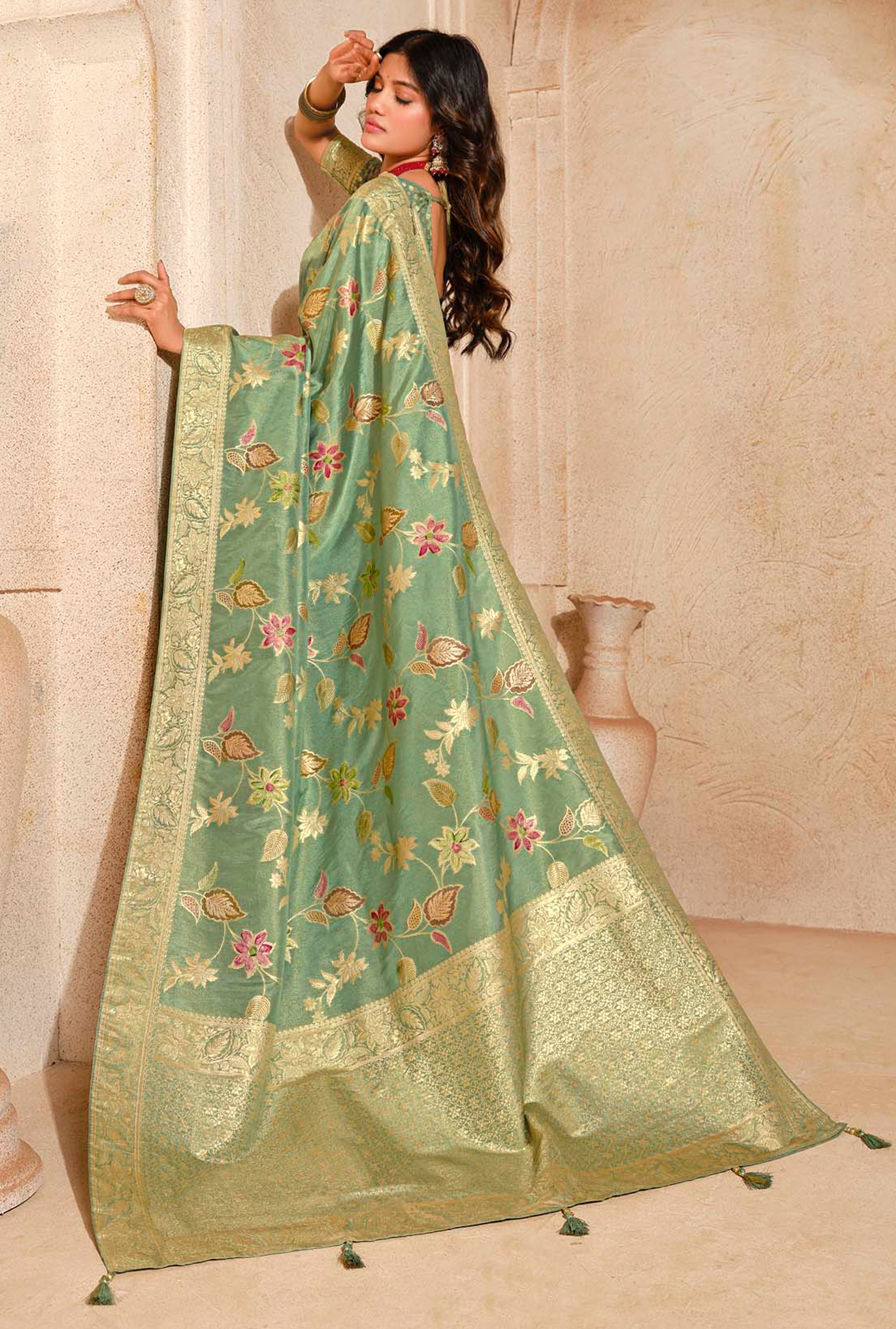 Dark Sea Green Silk Saree With Jacquard Woven Work