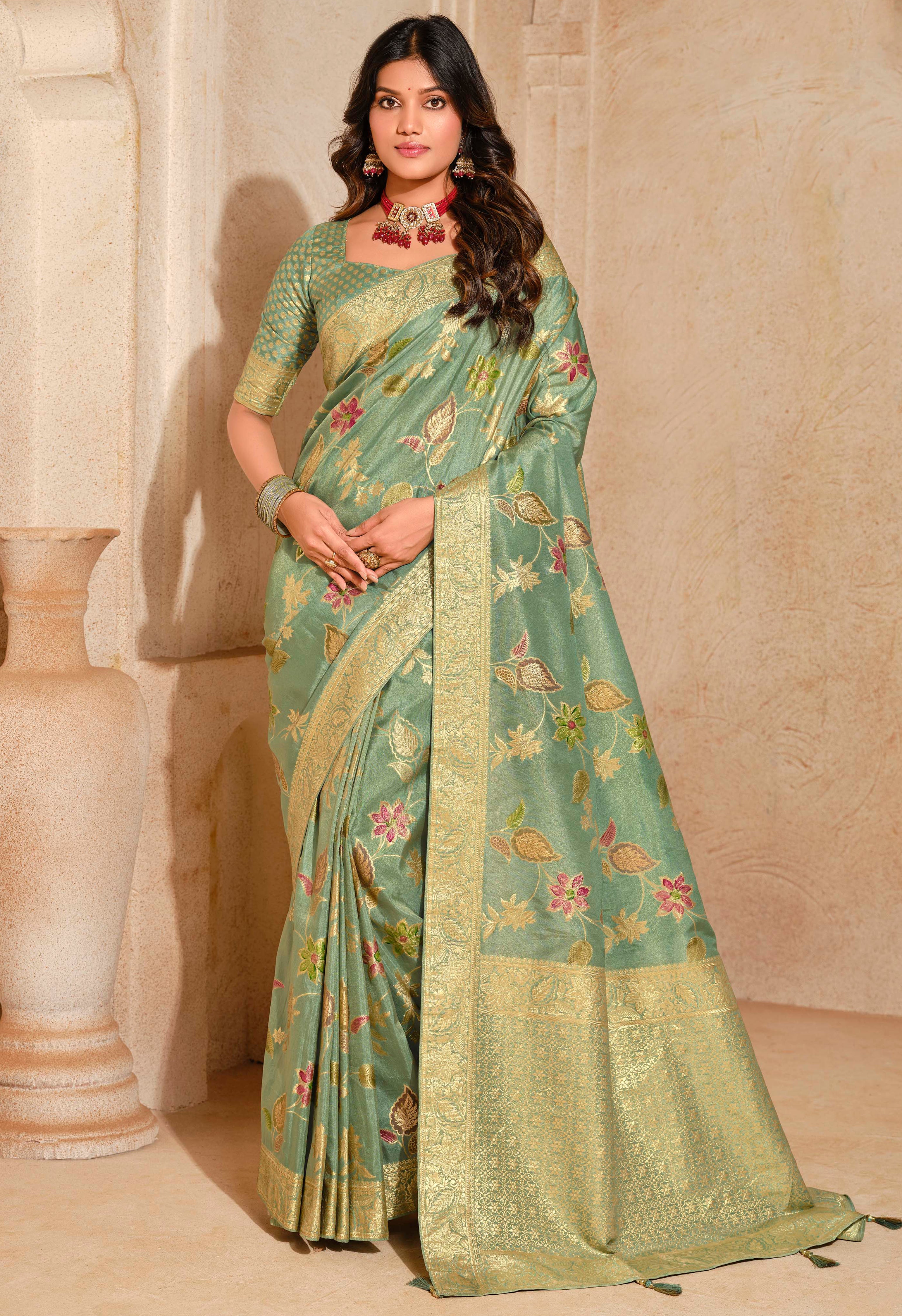 Dark Sea Green Silk Saree With Jacquard Woven Work
