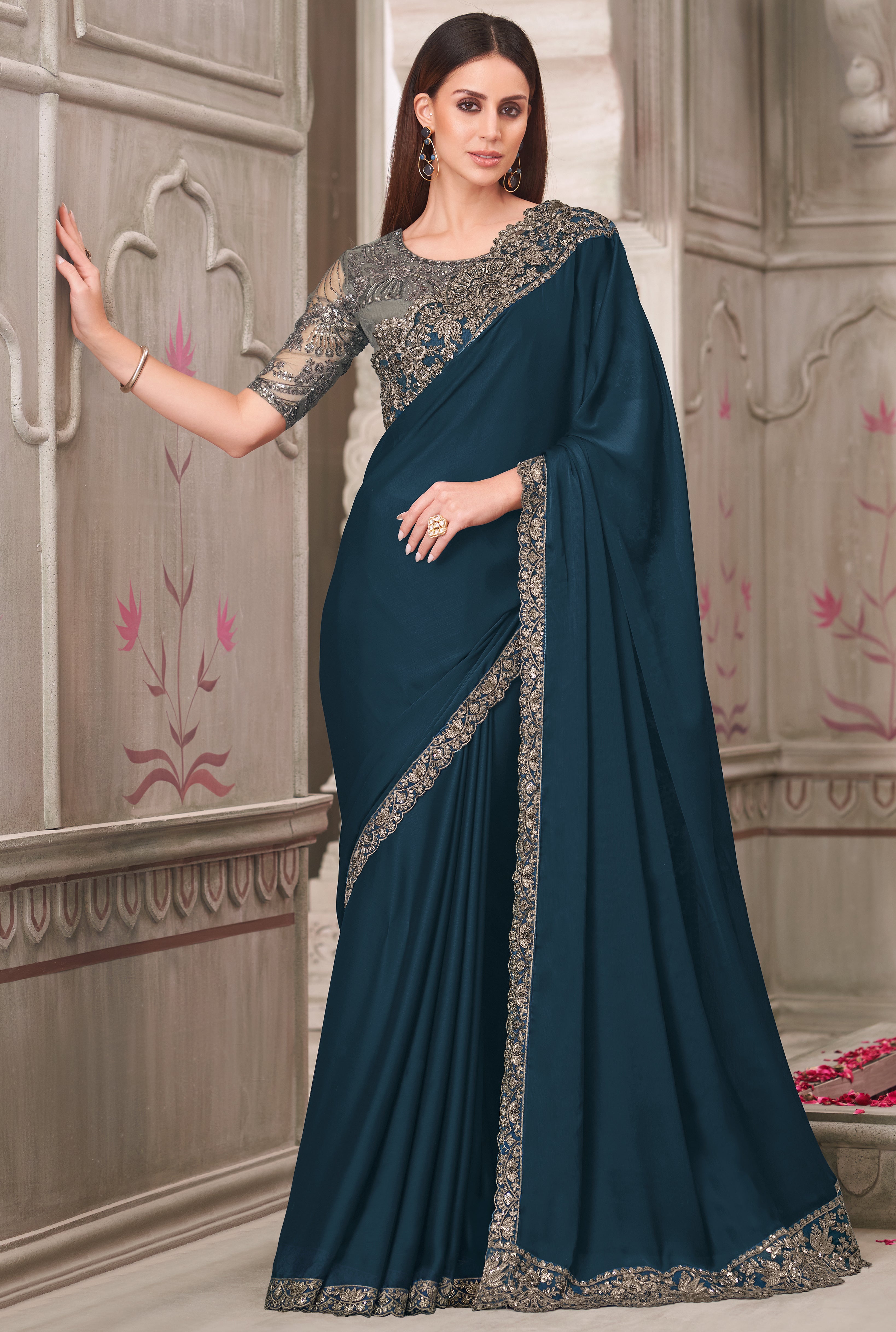 Dark Teal Saree With Heavy Thread Embroidery Sequins Border Work With Embroidery Blouse