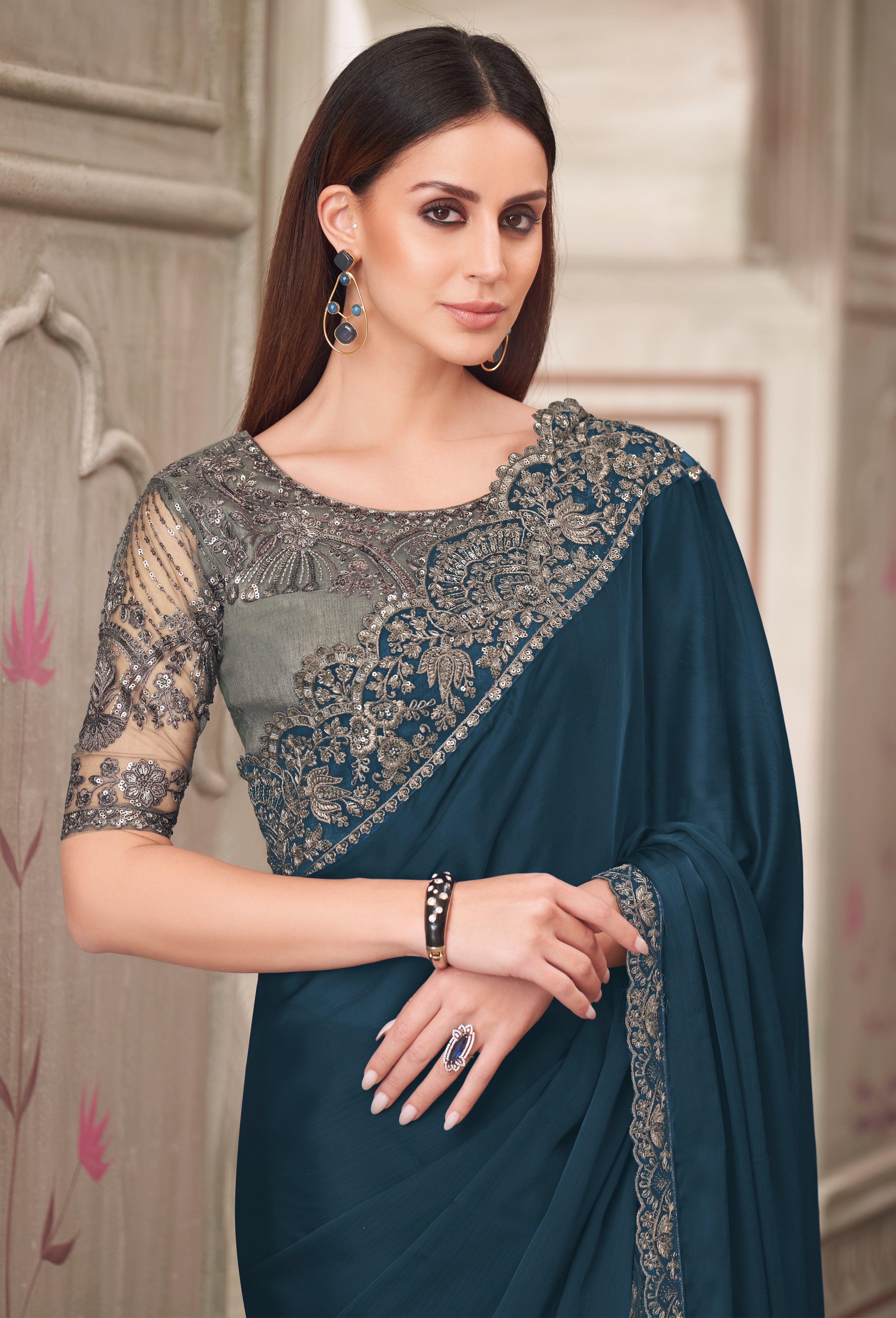 Dark Teal Saree With Heavy Thread Embroidery Sequins Border Work With Embroidery Blouse