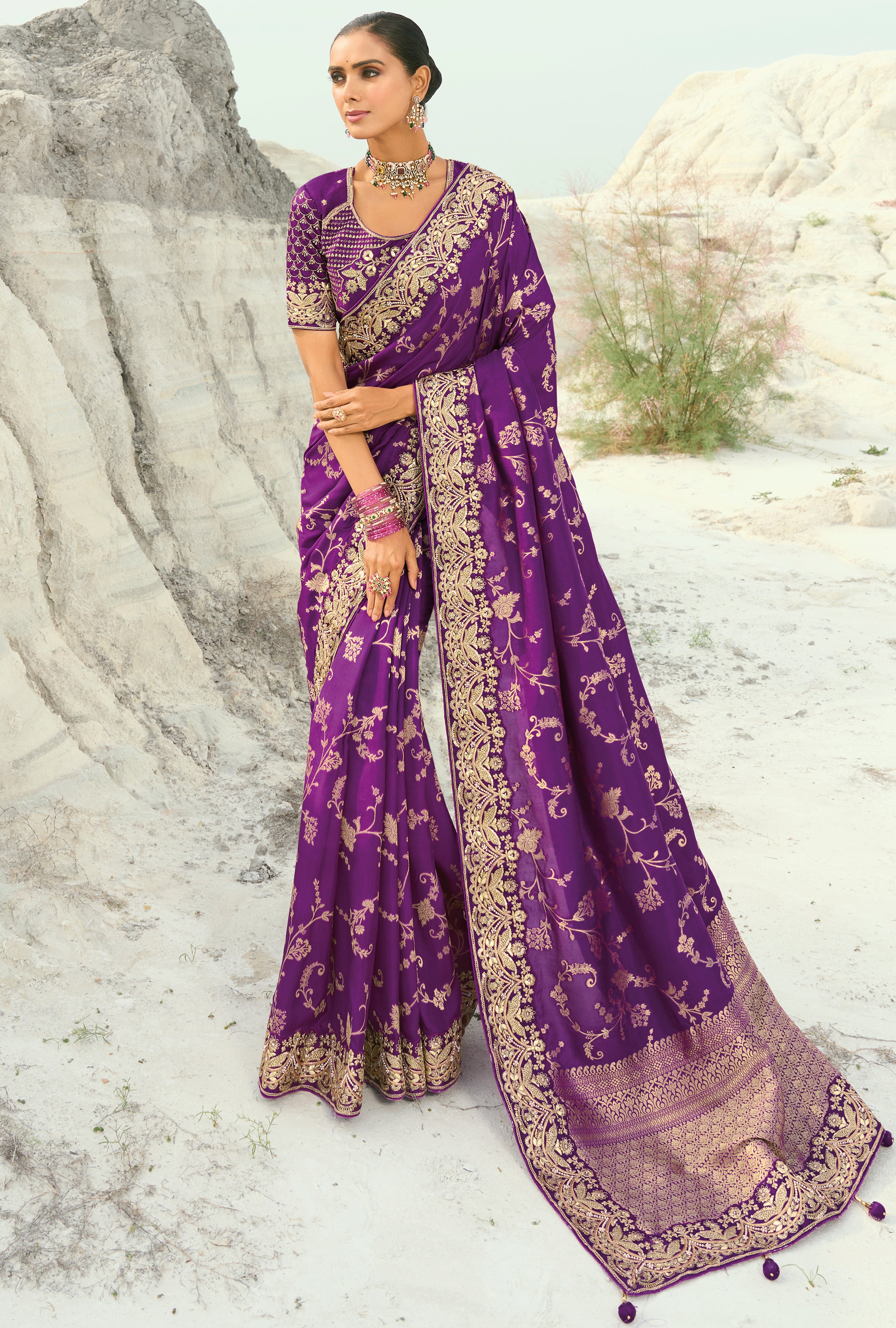 Dark Violet Saree With Jari, Thread, Moti With Cut-Dana Heavy Work