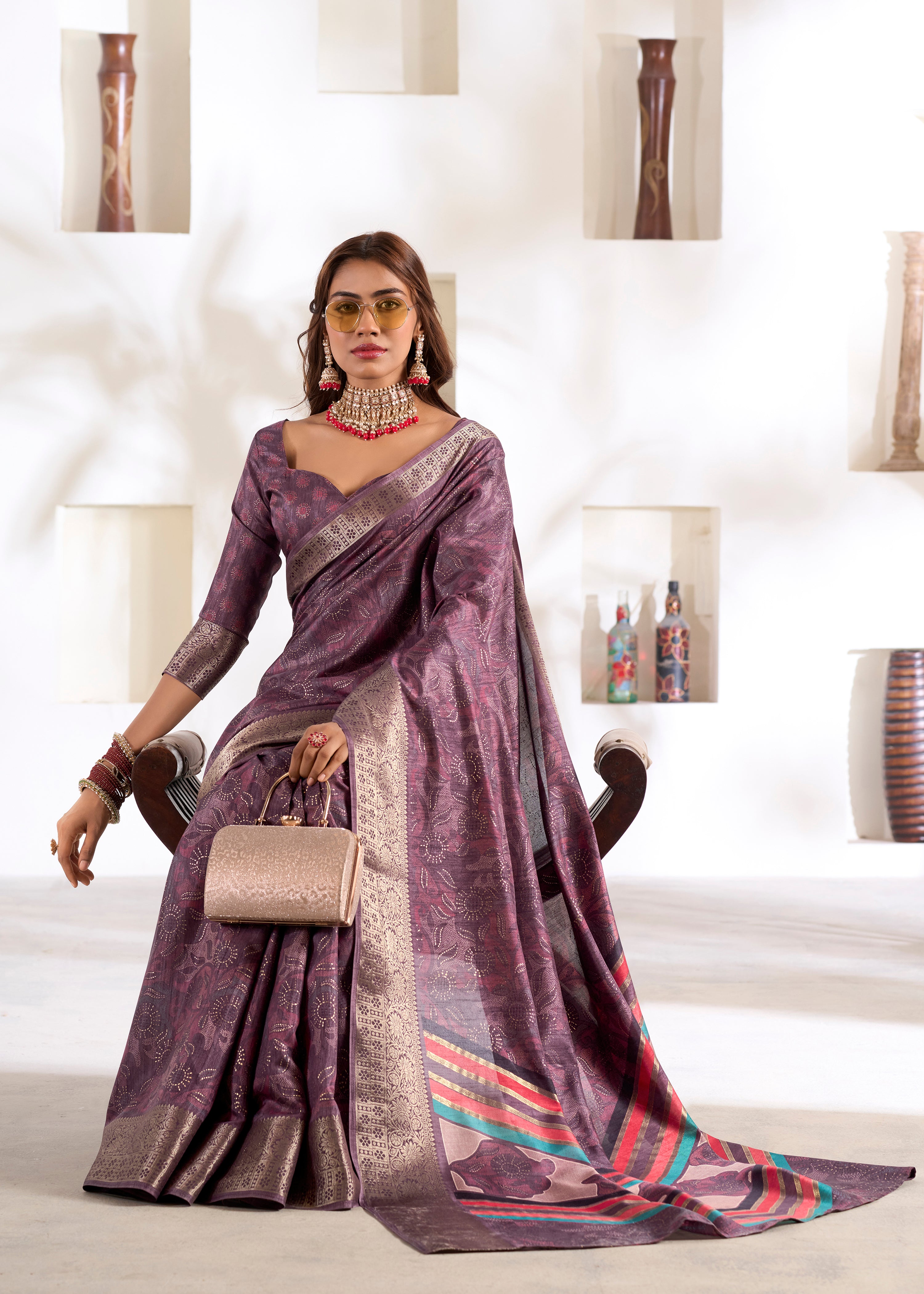 Dark Voilet Soft Dola Silk Saree With Foil Print With Jacquard Woven Work