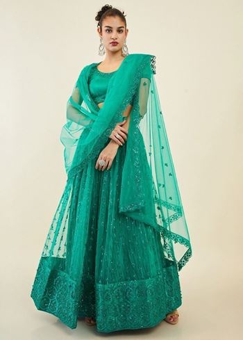 Dazzling Teal Green Sequins Net Lehenga Choli With Dupatta