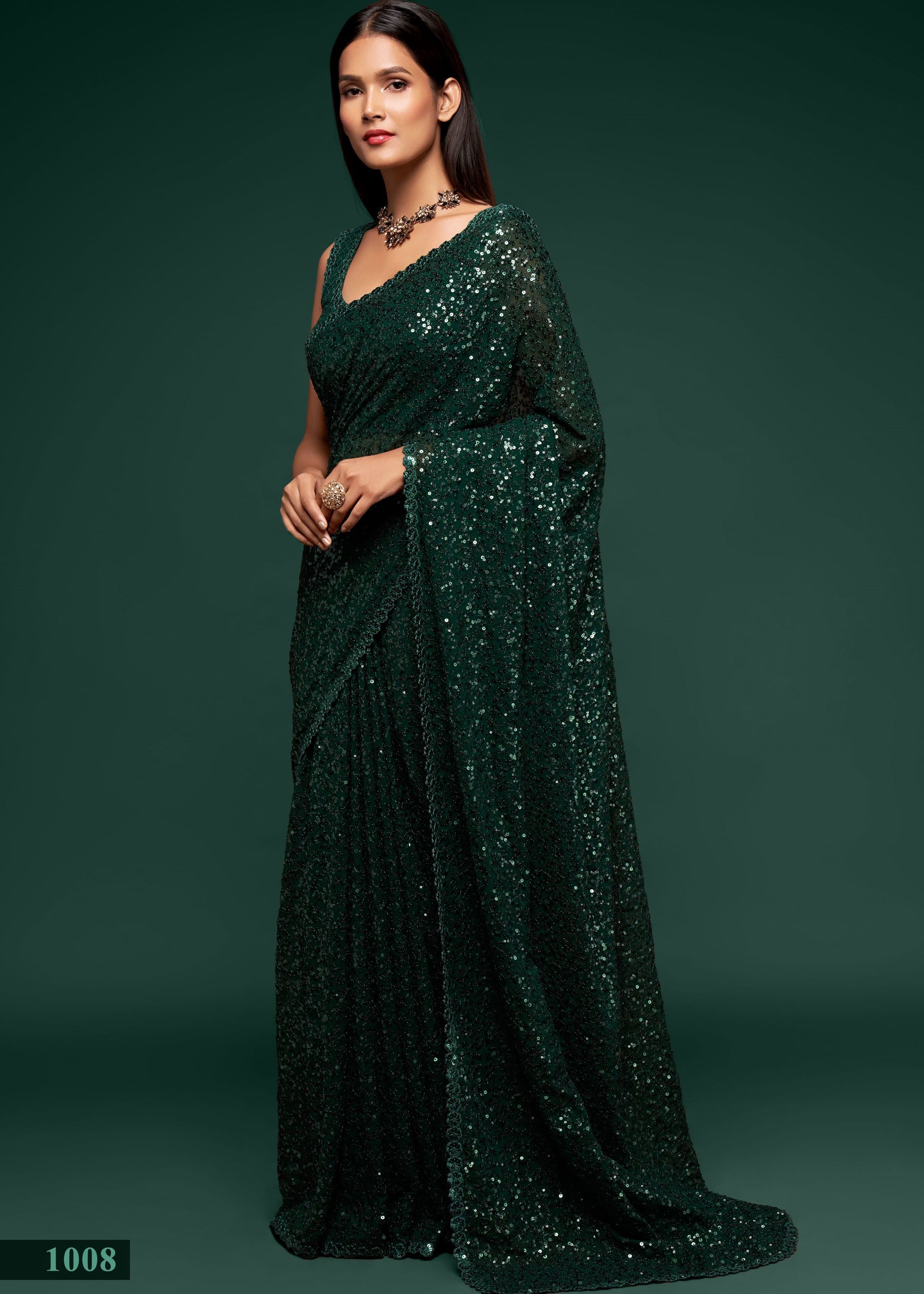 Deep Green Georgette Saree with Thread Embroidery and Sequins Work