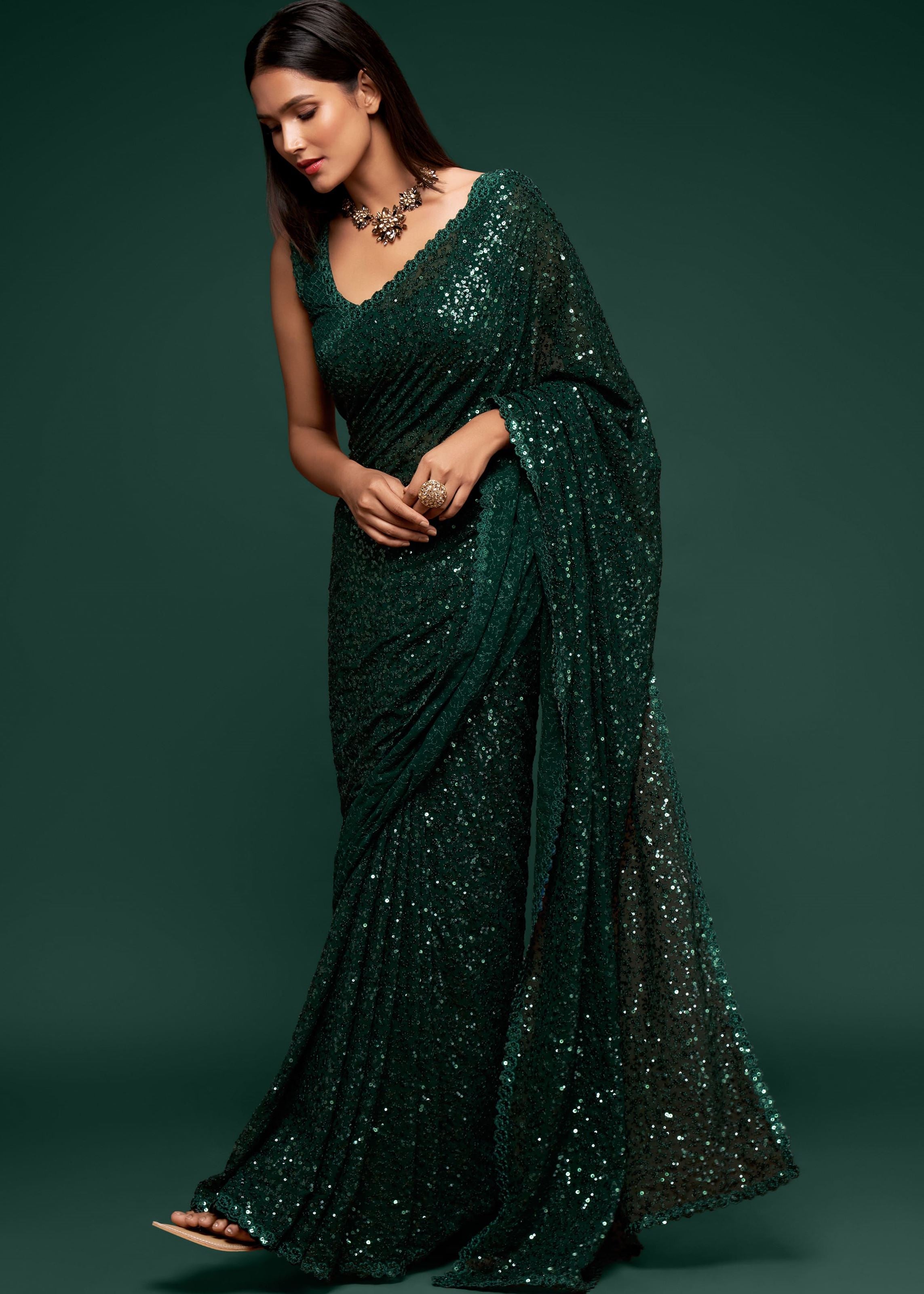 Deep Green Georgette Saree with Thread Embroidery and Sequins Work