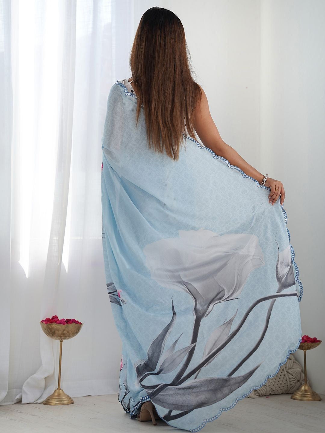 Denim Blue Georgette Saree With Digital Print And Mirror Work