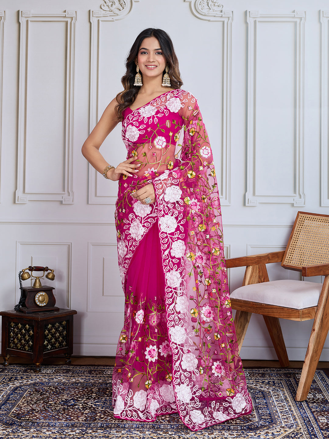 Designer Multy Thread Embroidery Work Dark Pink Soft Net Saree For Wedding Looks