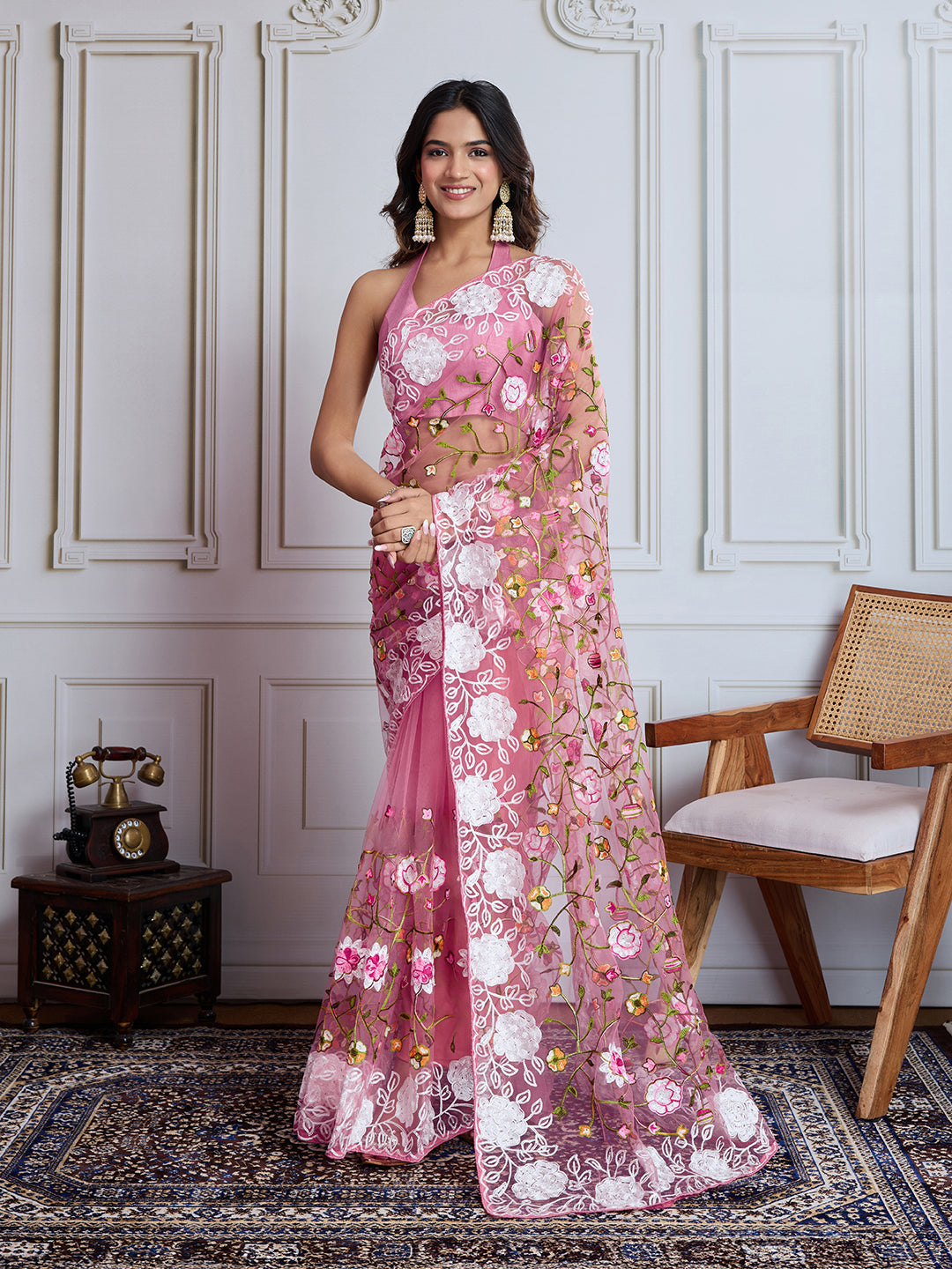 Designer Multy Thread Embroidery Work Light Pink Soft Net Saree For Wedding Looks