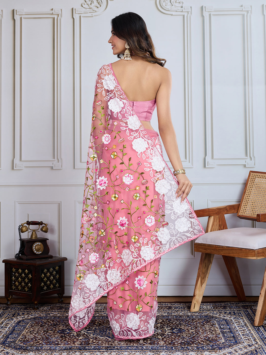 Designer Multy Thread Embroidery Work Light Pink Soft Net Saree For Wedding Looks