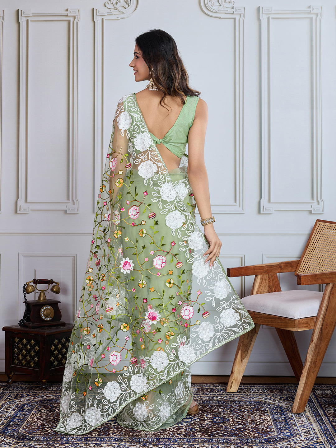 Designer Multy Thread Embroidery Work Pista Soft Net Saree For Wedding Looks