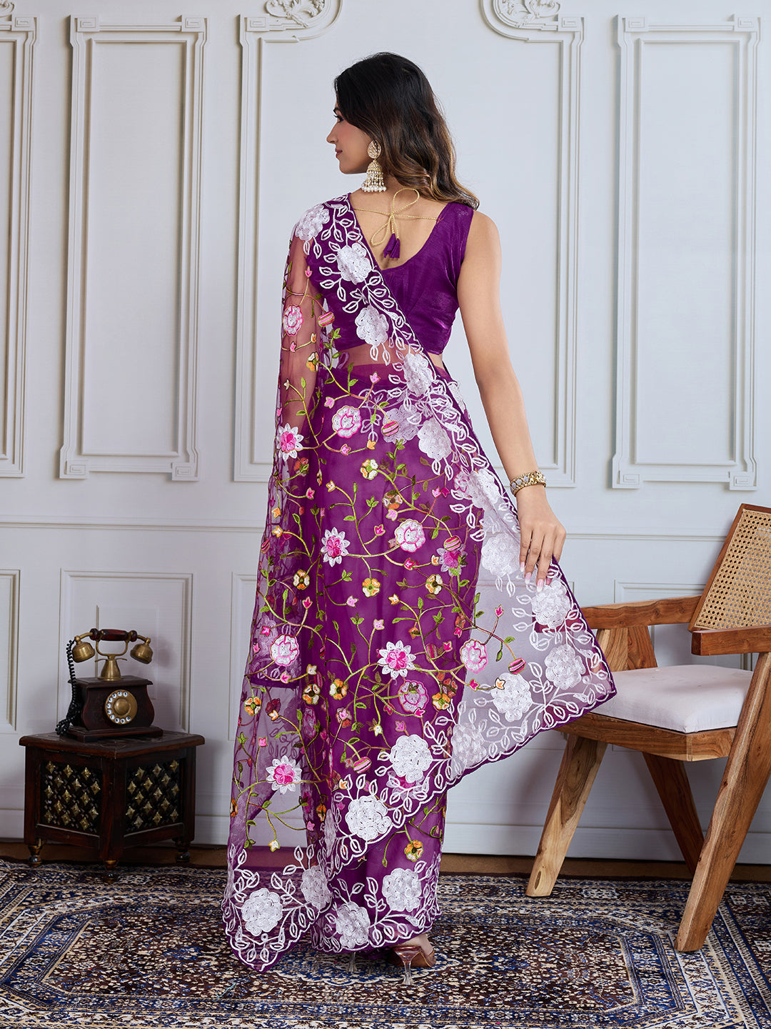 Designer Multy Thread Embroidery Work Purple Soft Net Saree For Wedding Looks