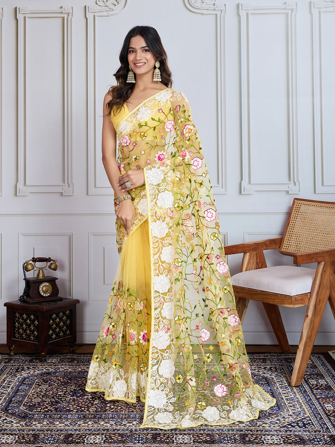 Designer Multy Thread Embroidery Work Yellow Soft Net Saree For Wedding Looks