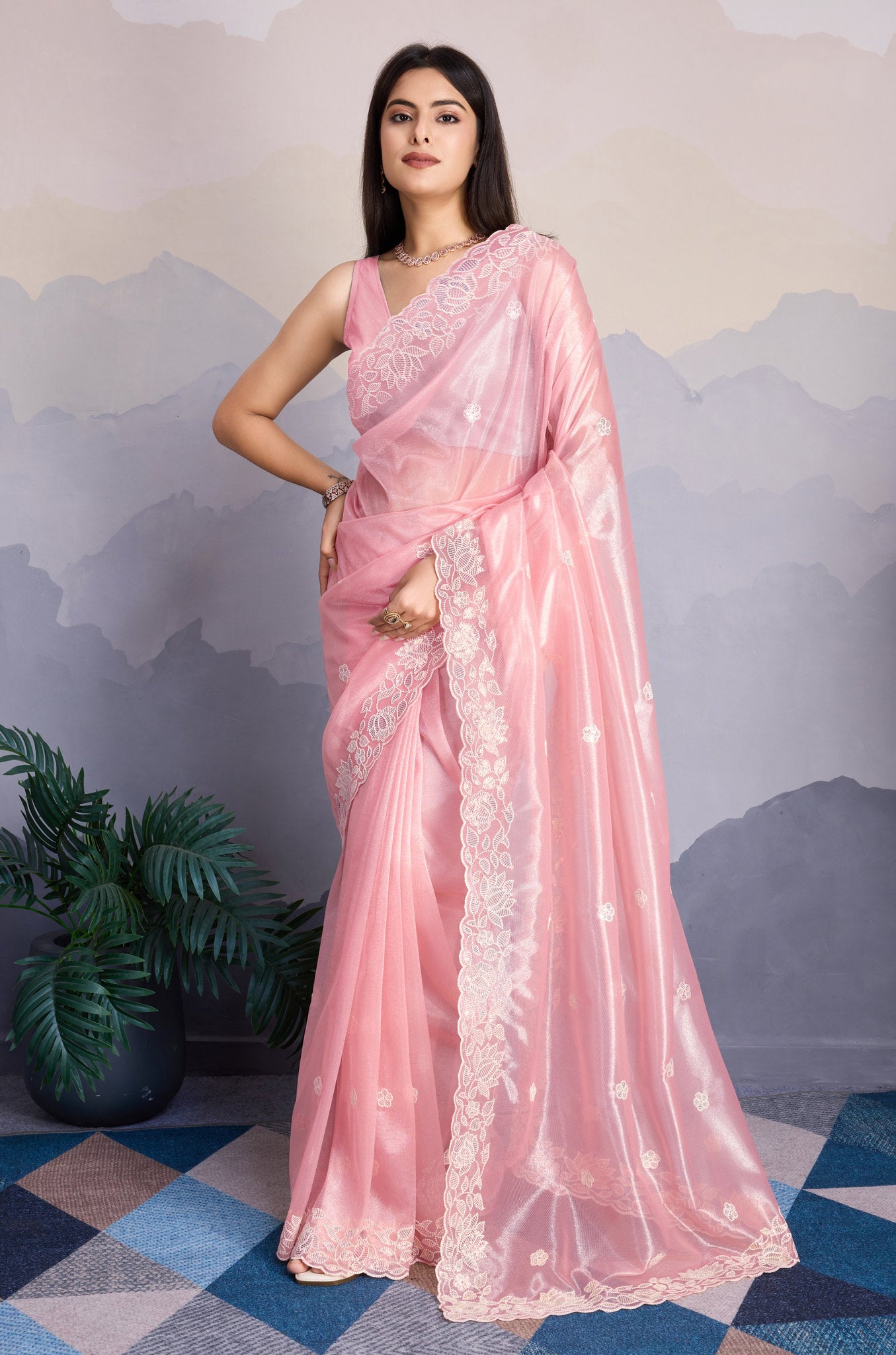 Designer Pink Fancy Saree with Premium Thread Sequins Work