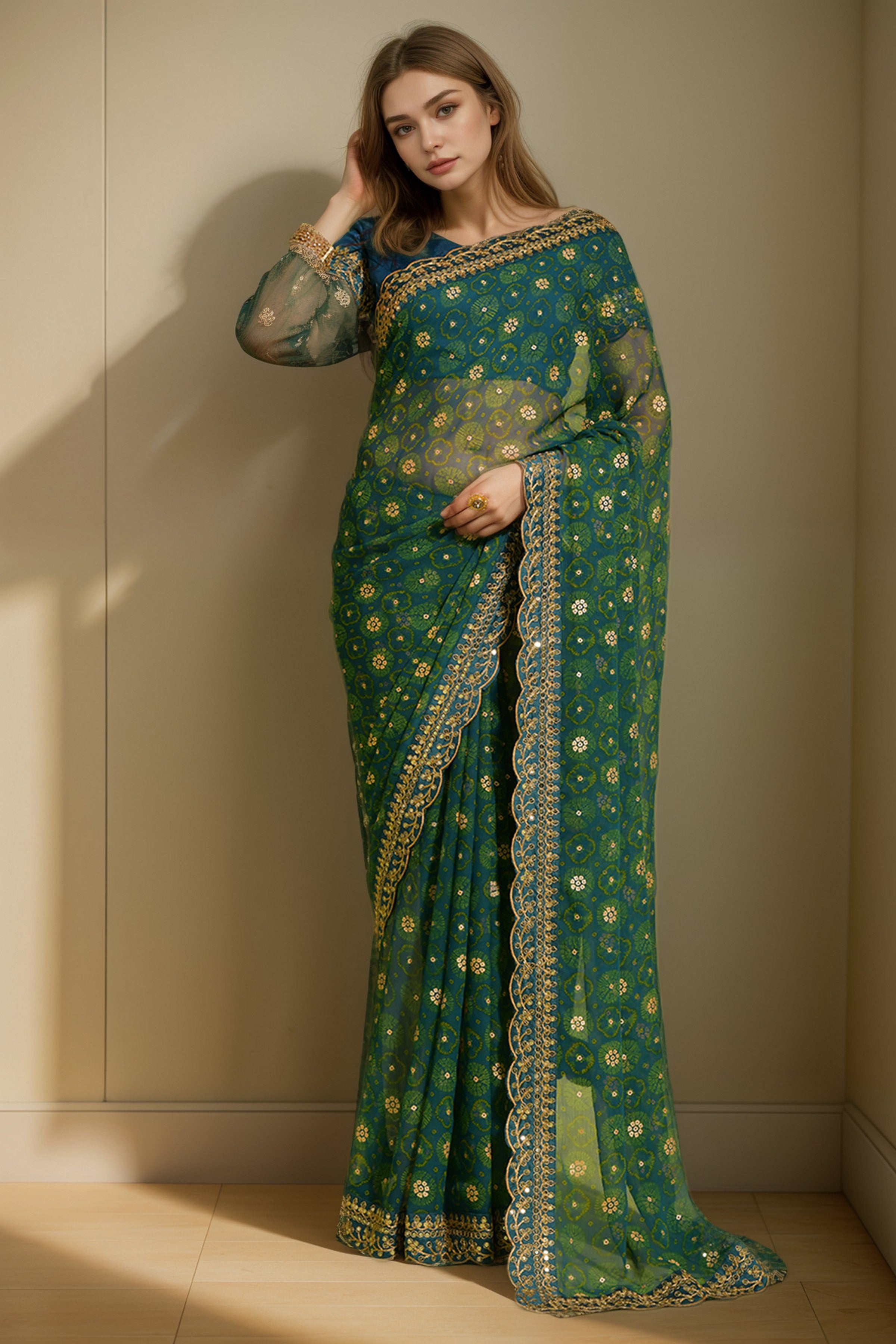 Designer Printed With Embroidery Lace Work Petrol Georgette Graceful Festive Saree