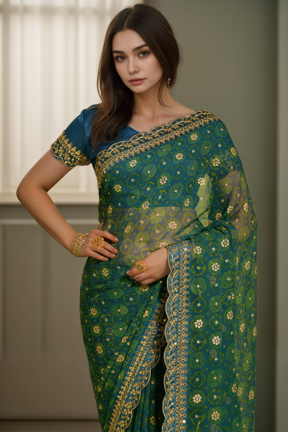 Designer Printed With Embroidery Lace Work Petrol Georgette Graceful Festive Saree