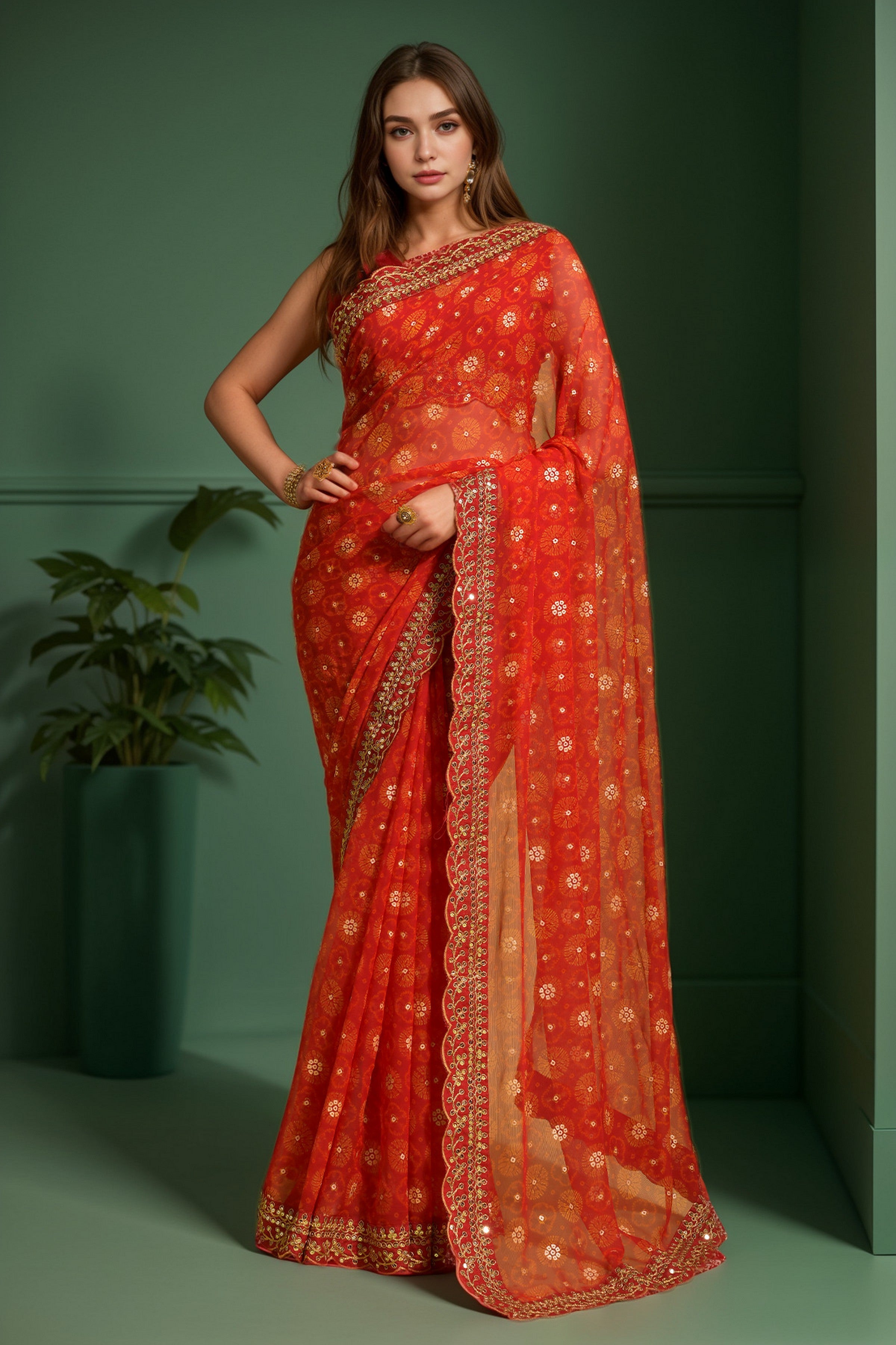 Designer Printed With Embroidery Lace Work Red Georgette Graceful Festive Saree