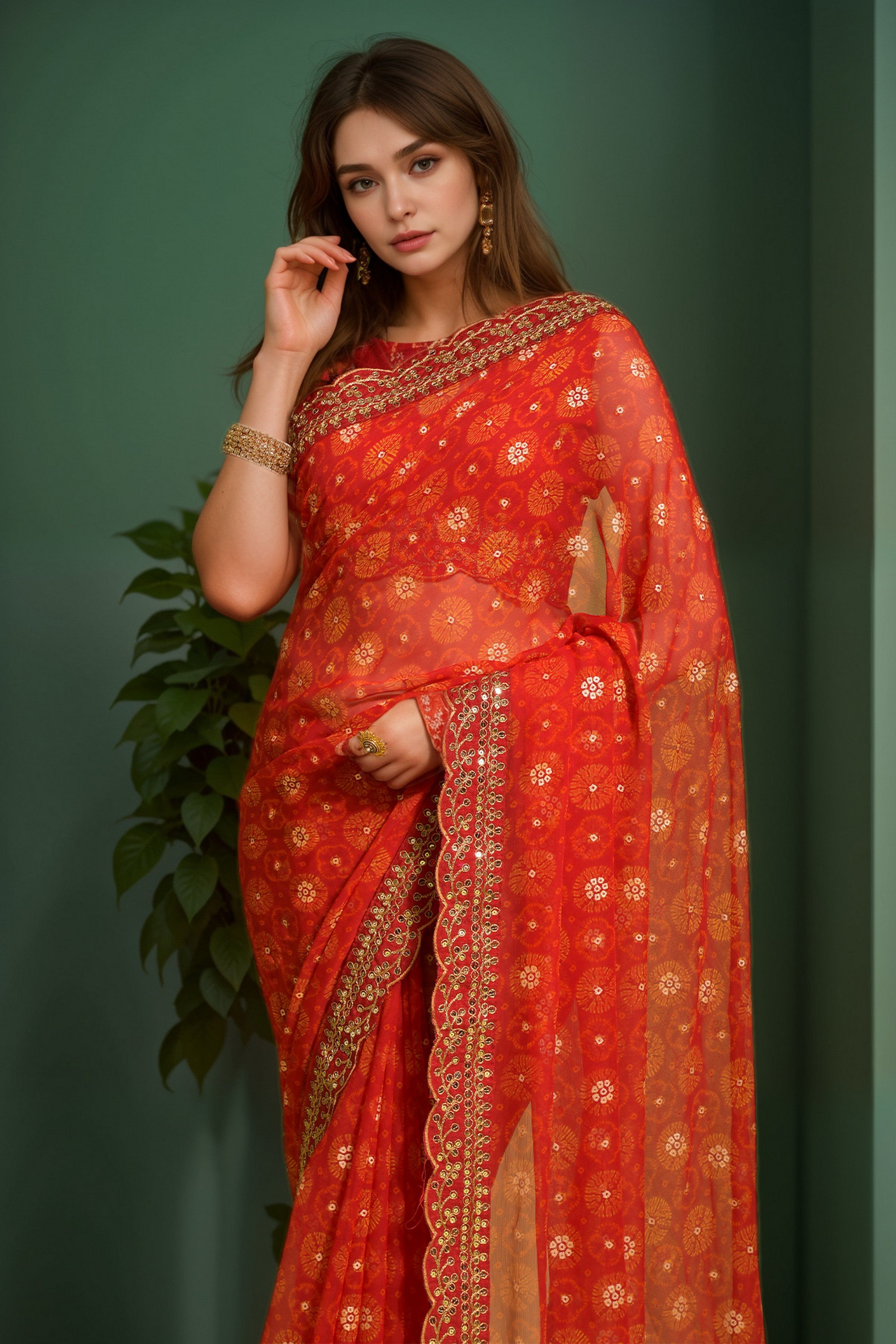 Designer Printed With Embroidery Lace Work Red Georgette Graceful Festive Saree