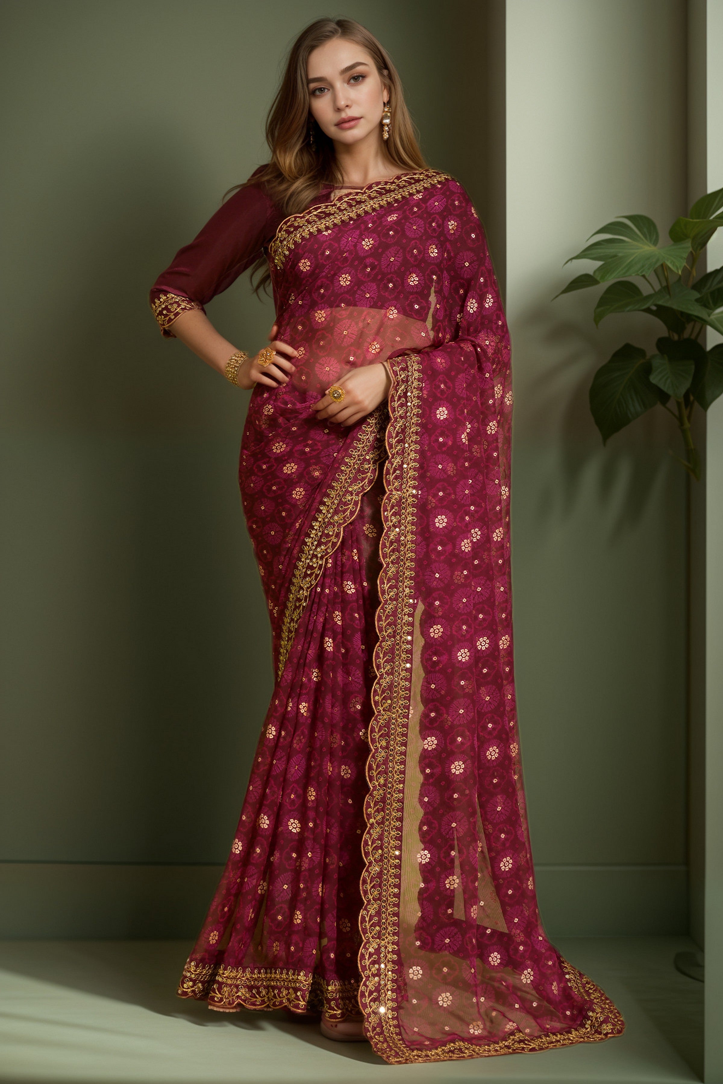 Designer Printed With Embroidery Lace Work Wine Georgette Graceful Festive Saree