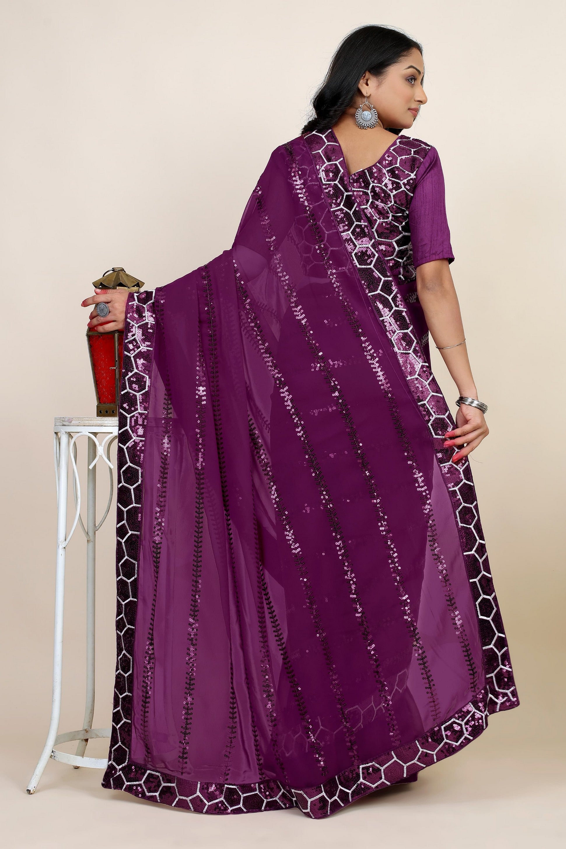 Designer Sequins Embroidery Work Purple Georgette Glamorous Bollywood Saree