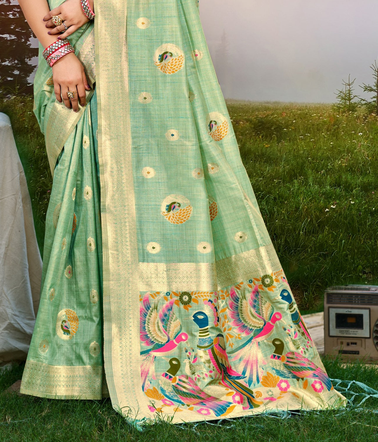 Divine Sea Green Assam Silk Meenakari Festival Saree
