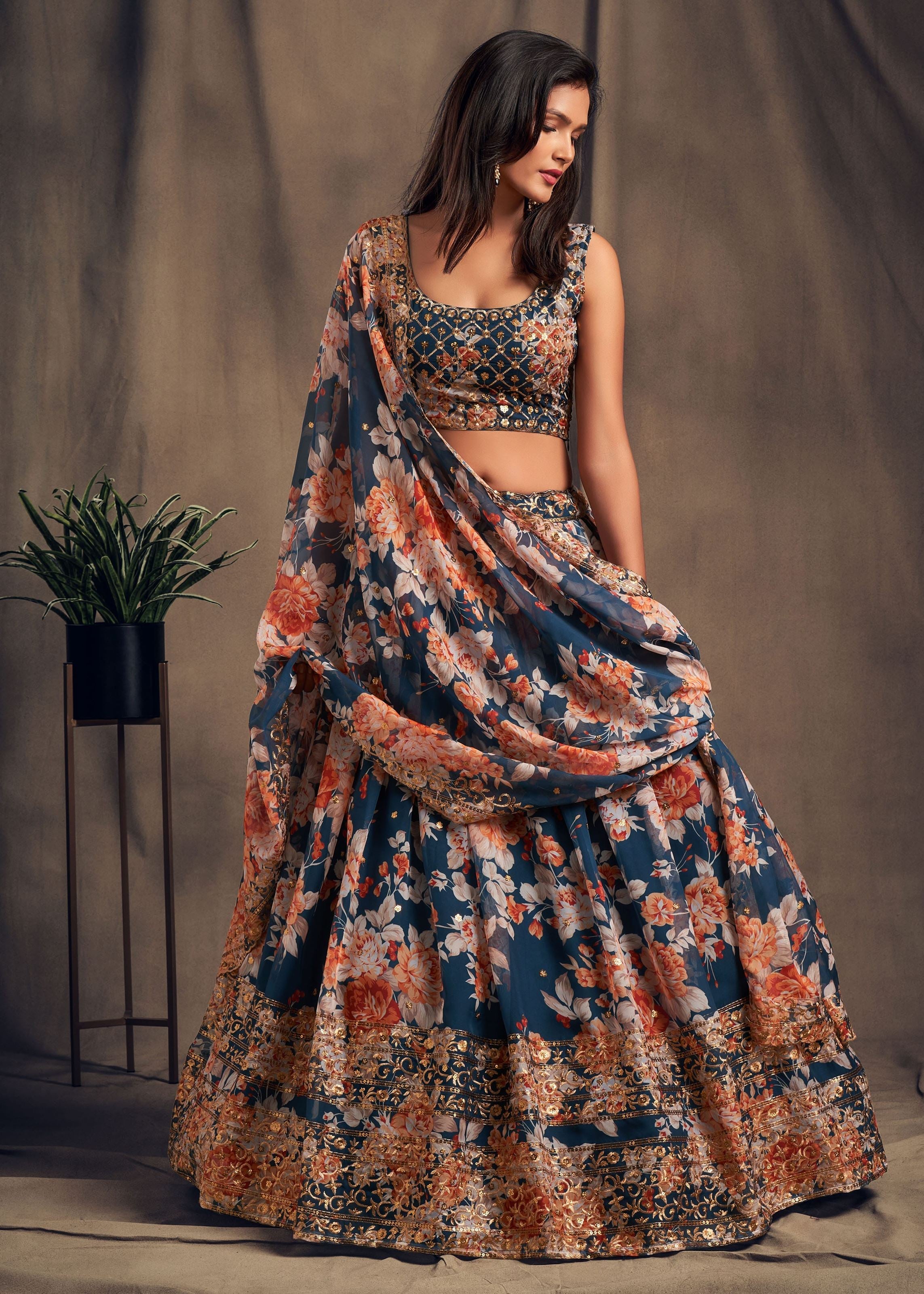 Dove Blue Organza Lehenga Choli With Sequins Zari Embroidery Work