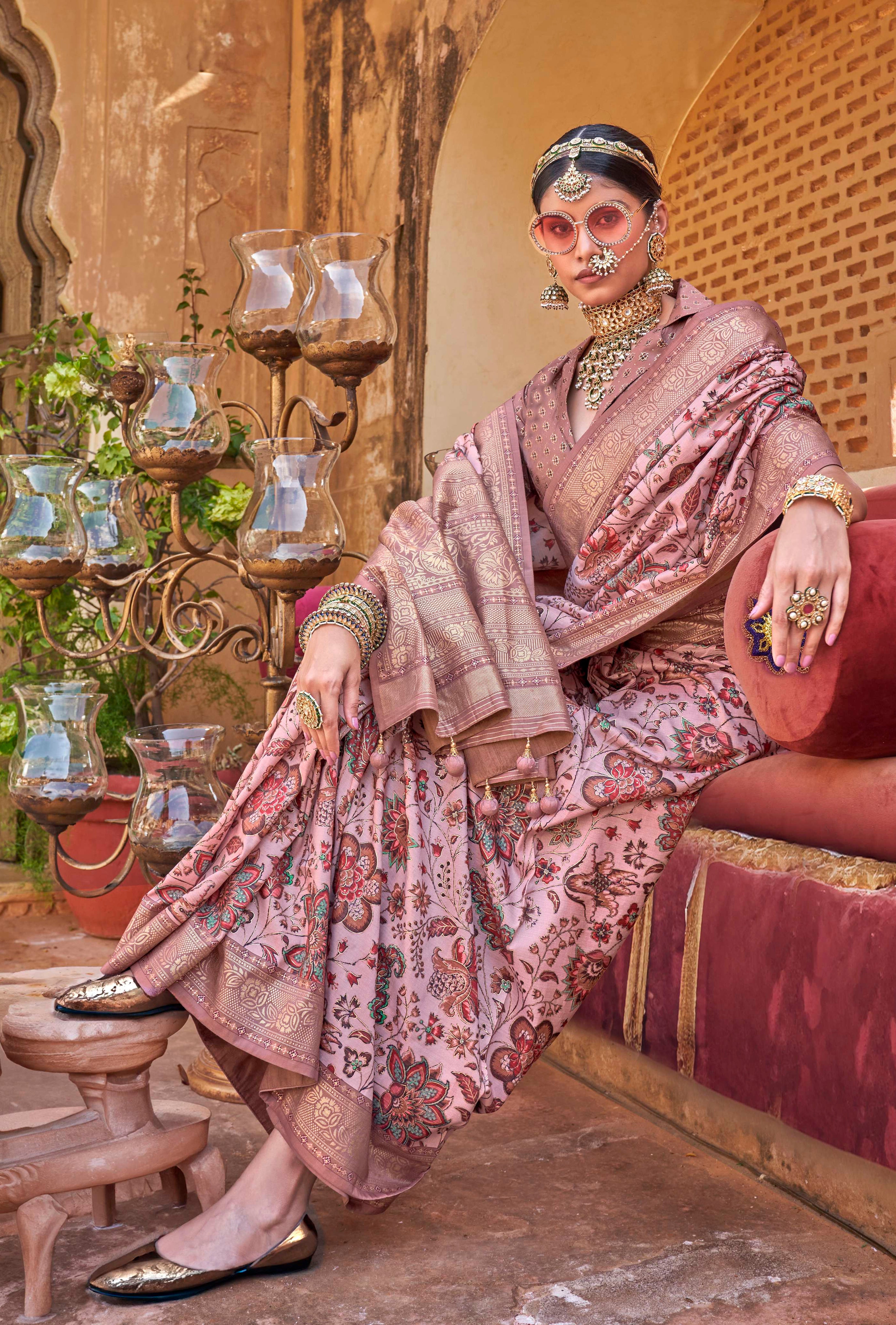 Dusty Peach Color Pv Silk Saree With Smart Floral Print