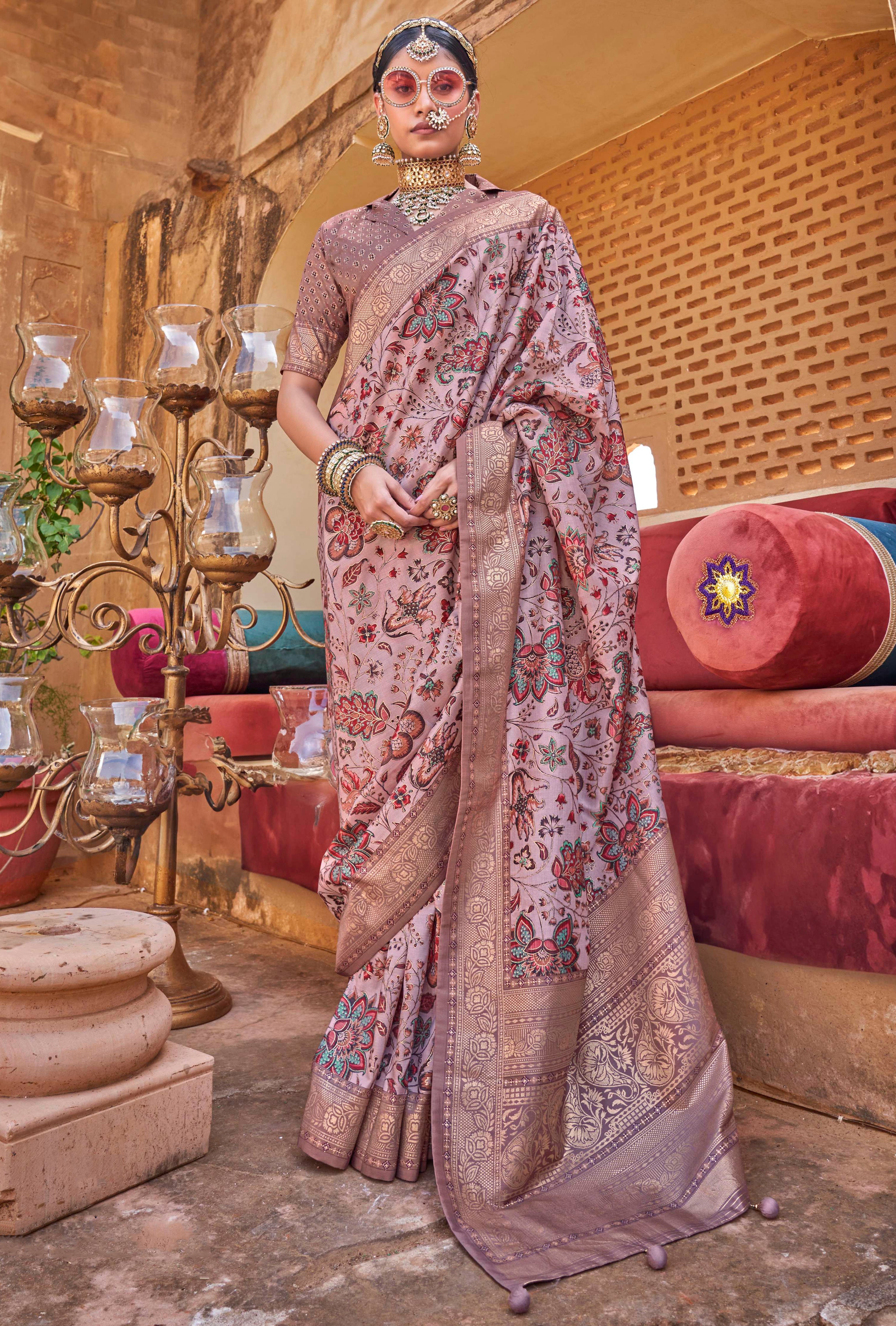 Dusty Peach Color Pv Silk Saree With Smart Floral Print