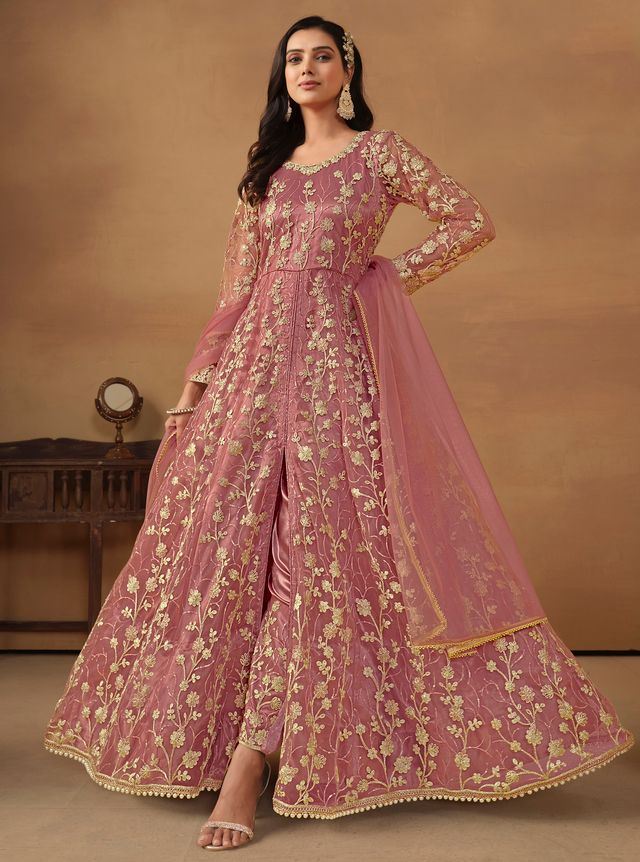 Dusty Pink Anarkali Suit With Heavy Thread Embroidery With Sequis Work