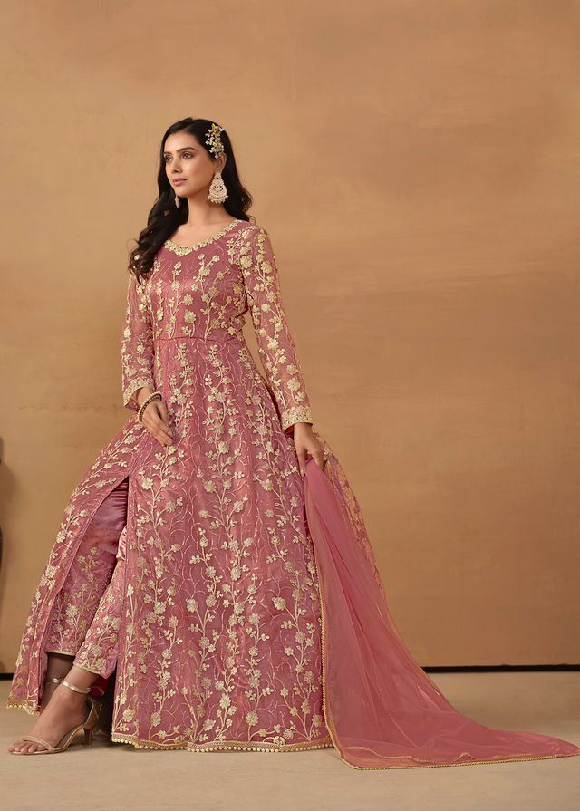 Dusty Pink Anarkali Suit With Heavy Thread Embroidery With Sequis Work