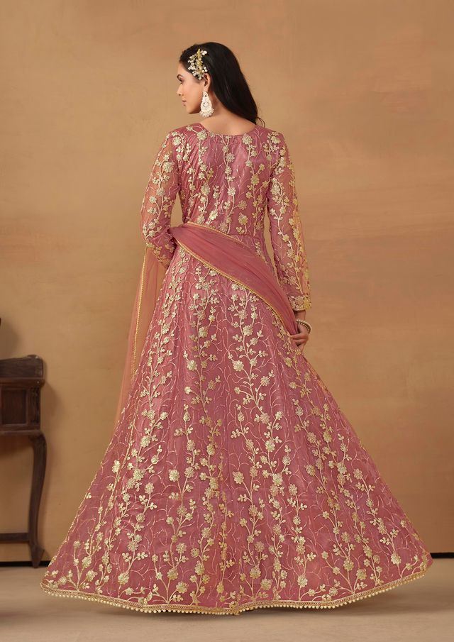 Dusty Pink Anarkali Suit With Heavy Thread Embroidery With Sequis Work