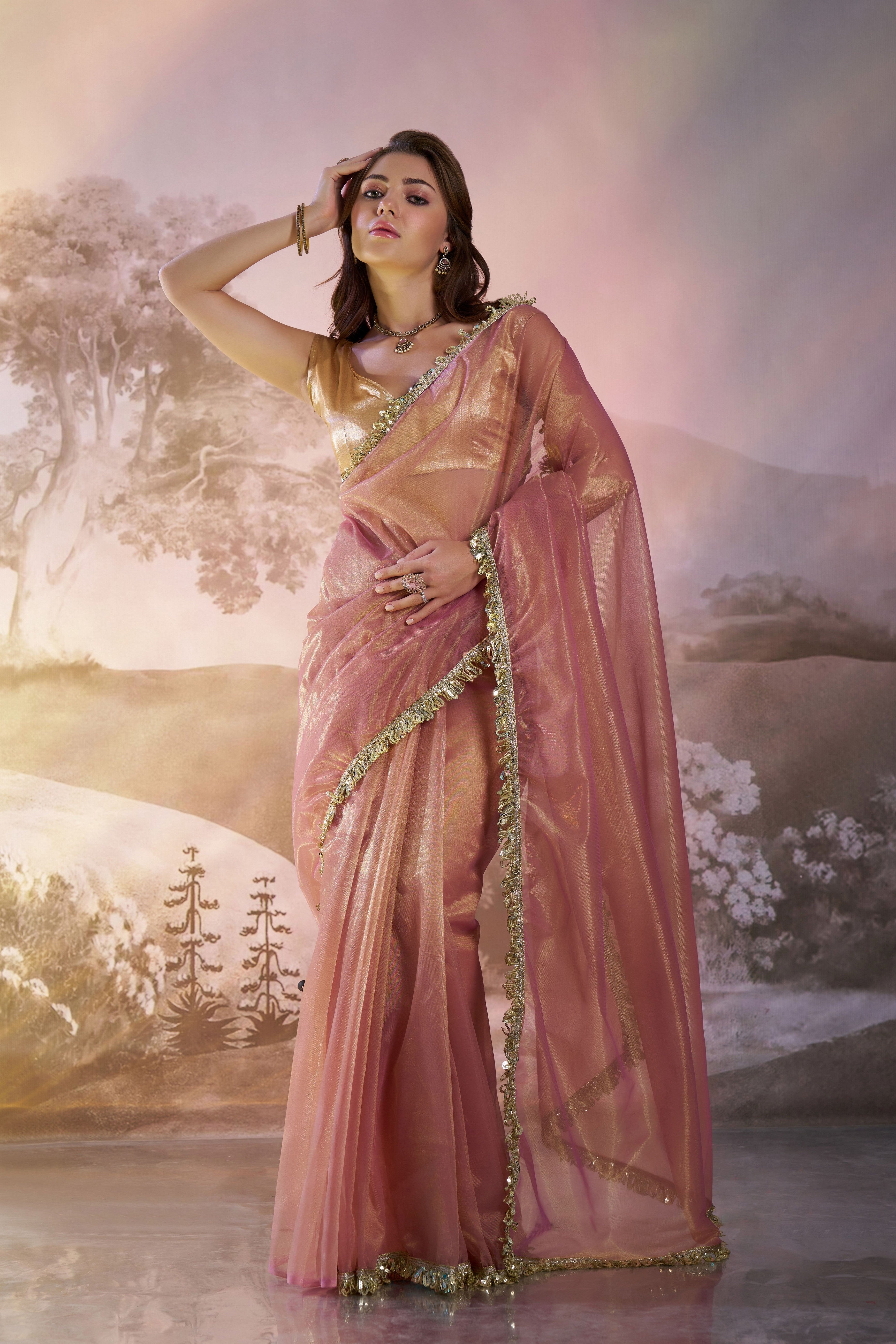 Dusty Pink Glamorous Twill Net Solid Designer Partywear Saree