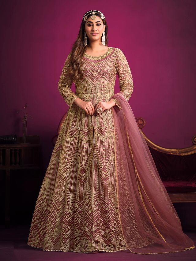 Dusty Pink Net Heavy Thread Embroidery, Zari With Sequins Work Anarkali Suits