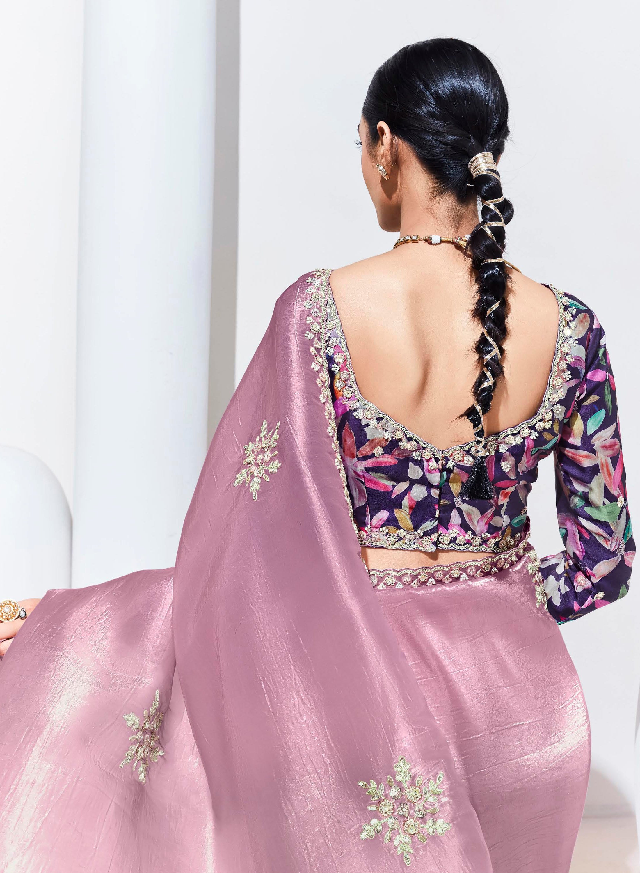 Dusty Pink Organza Saree With Thread Embroidery with Printed Blouse
