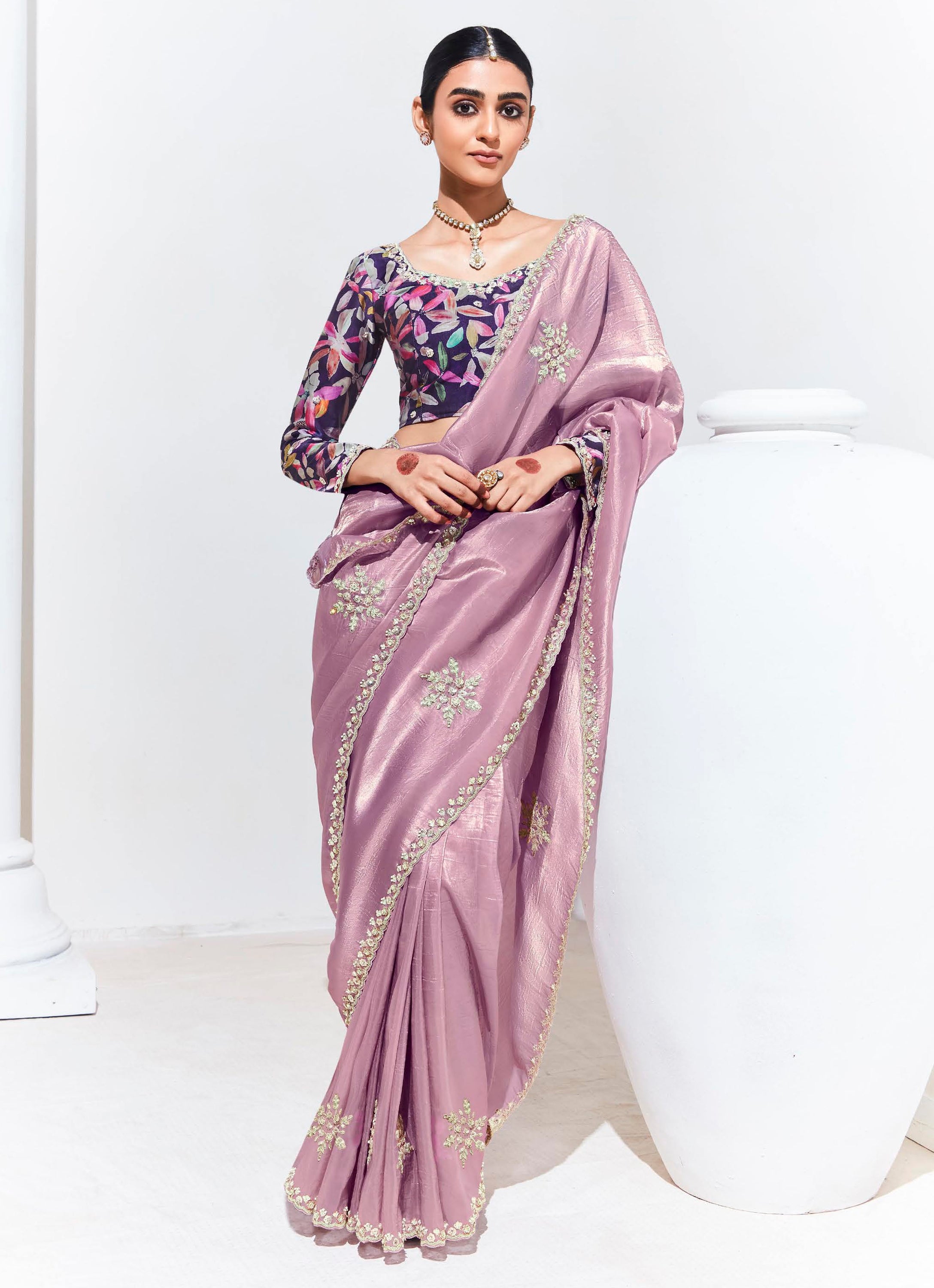 Dusty Pink Organza Saree With Thread Embroidery with Printed Blouse