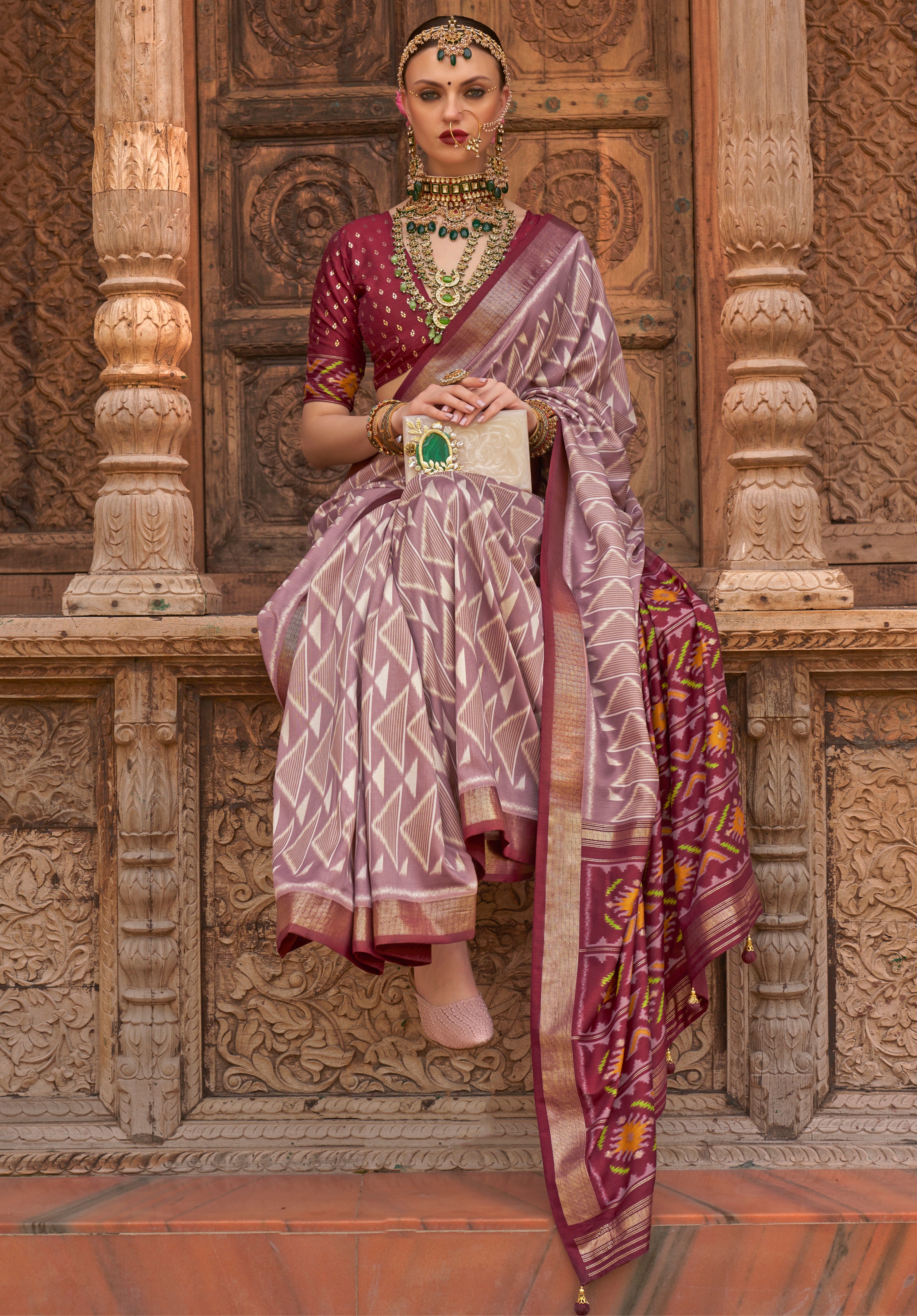Dusty Pink PV Silk Saree with Printed