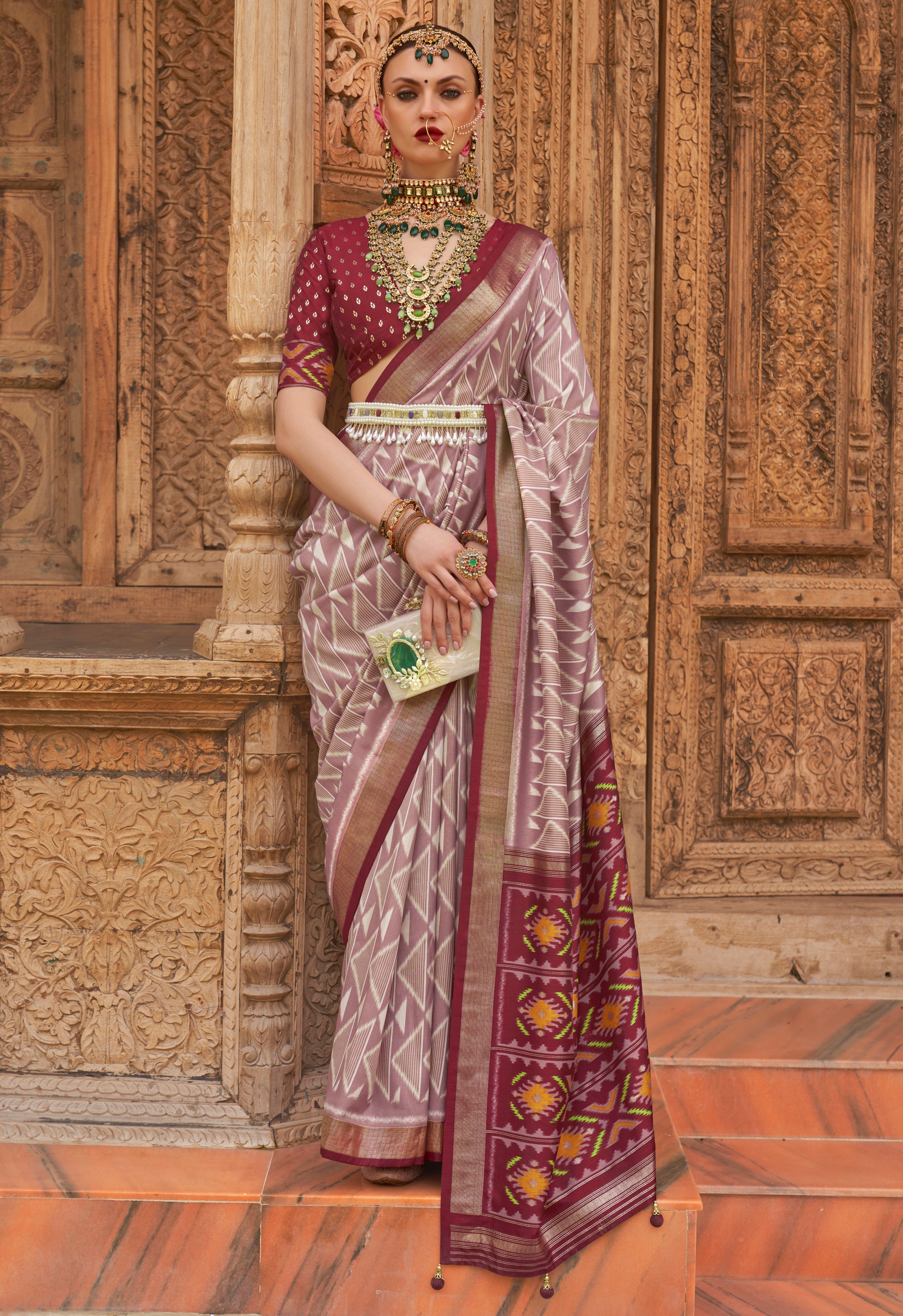 Dusty Pink PV Silk Saree with Printed